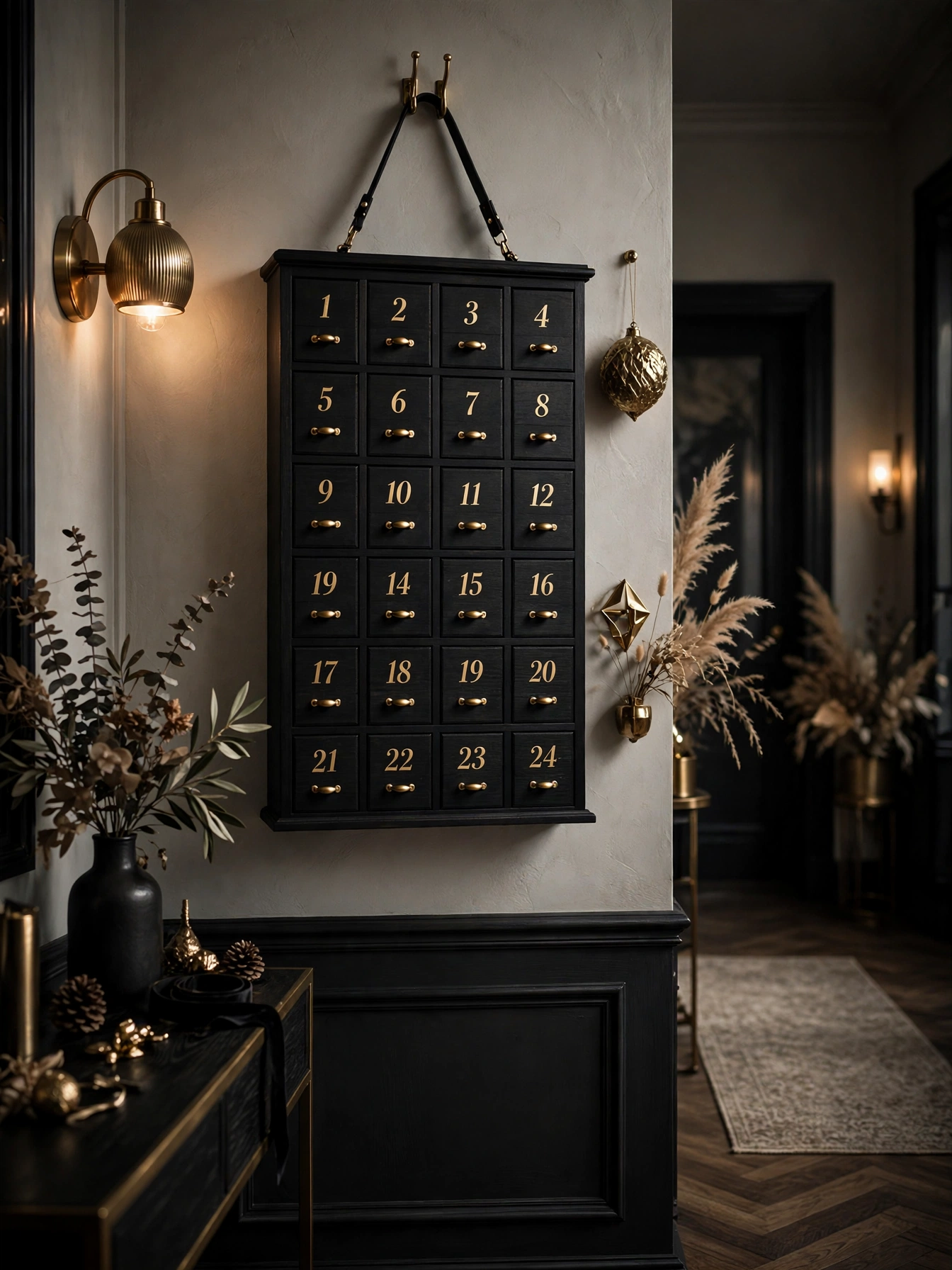 Black wooden advent calendar with 24 gold-numbered drawers on a hallway wall, a family pick from black christmas decoration ideas 2026
