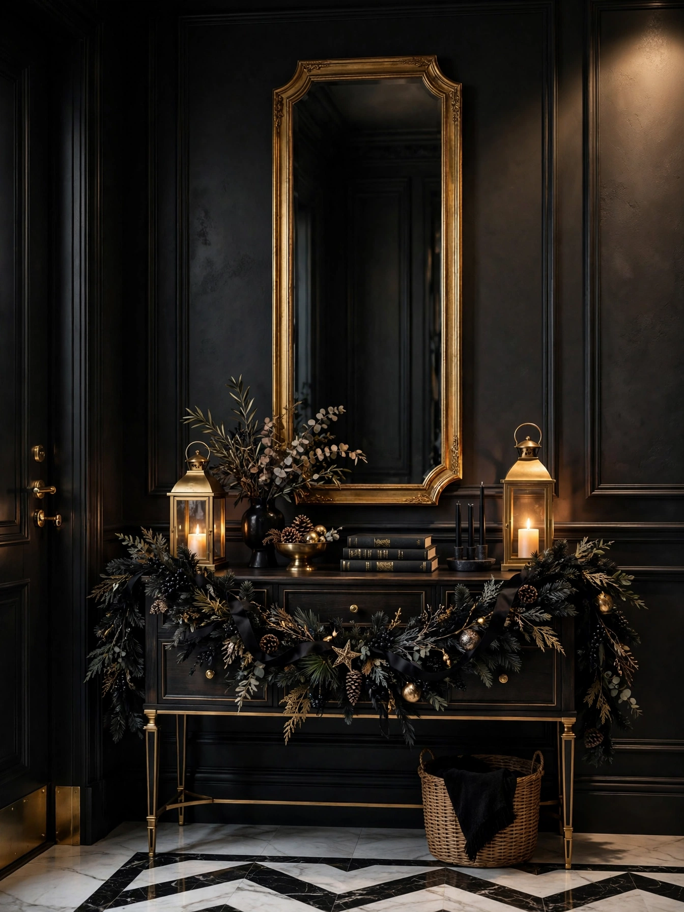 Elegant entryway with black garland, gold lanterns and a tall mirror, showing black christmas decoration ideas 2026 for small spaces