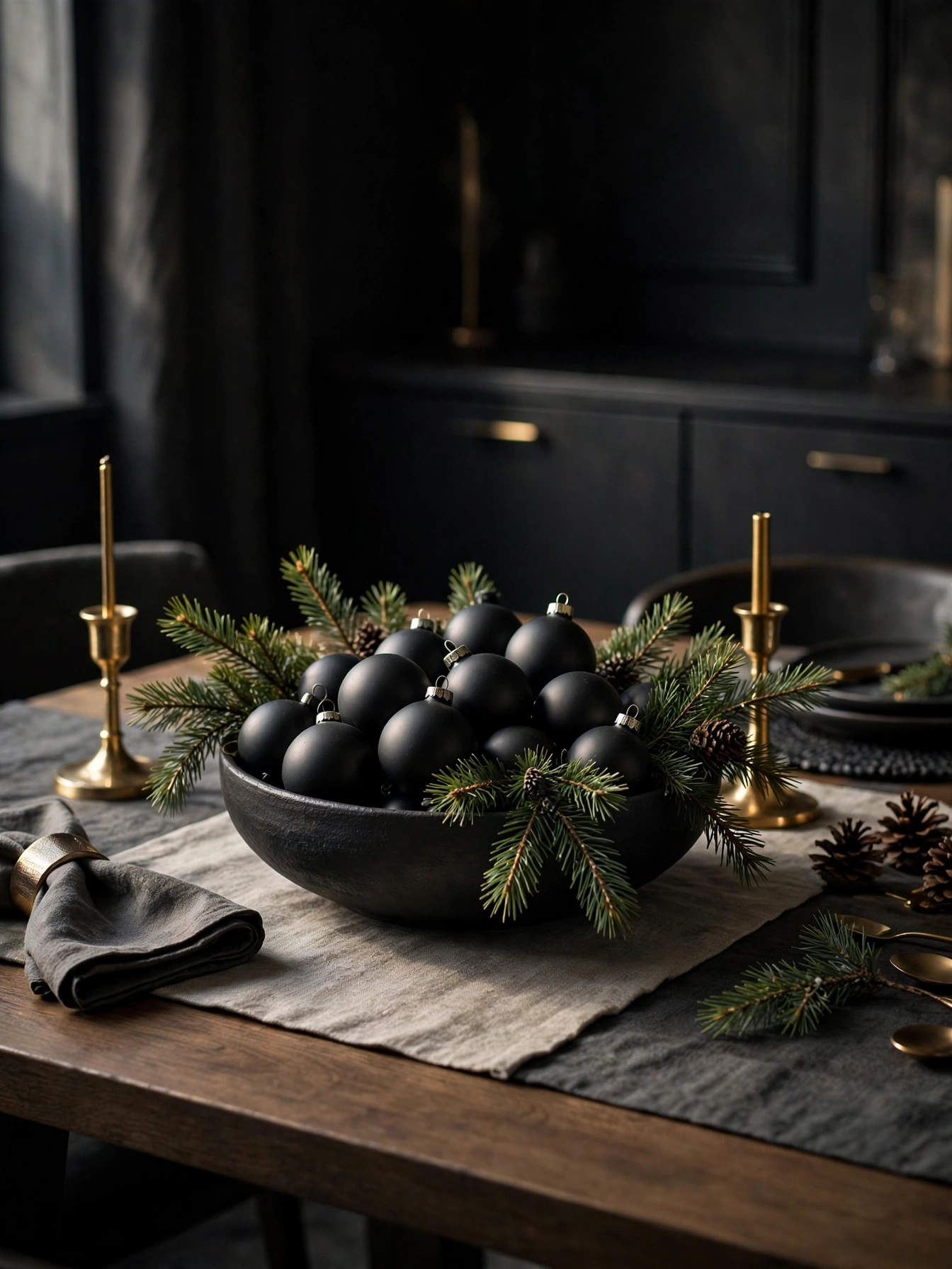 Low black bowl filled with matte black Christmas baubles and pine sprigs, a minimalist favorite in black christmas decoration ideas 2026