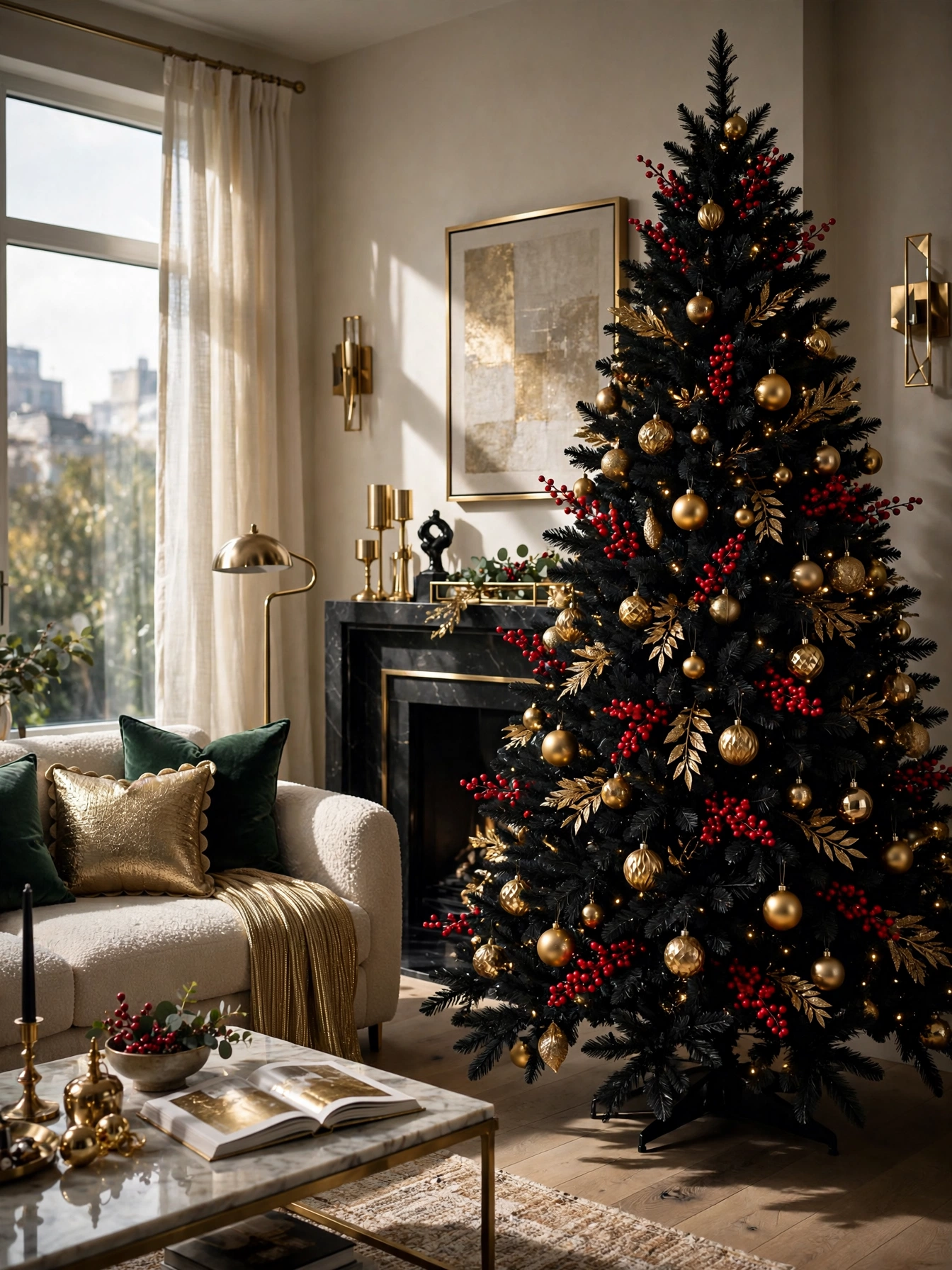 Tall black artificial Christmas tree styled with red berry picks and gold ornaments, a moody centerpiece for black christmas decoration ideas 2026