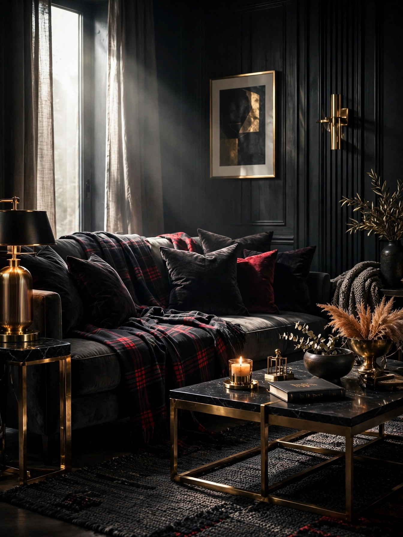 Sofa draped with black and red plaid throws and dark velvet pillows, comfort-first black christmas decoration ideas 2026