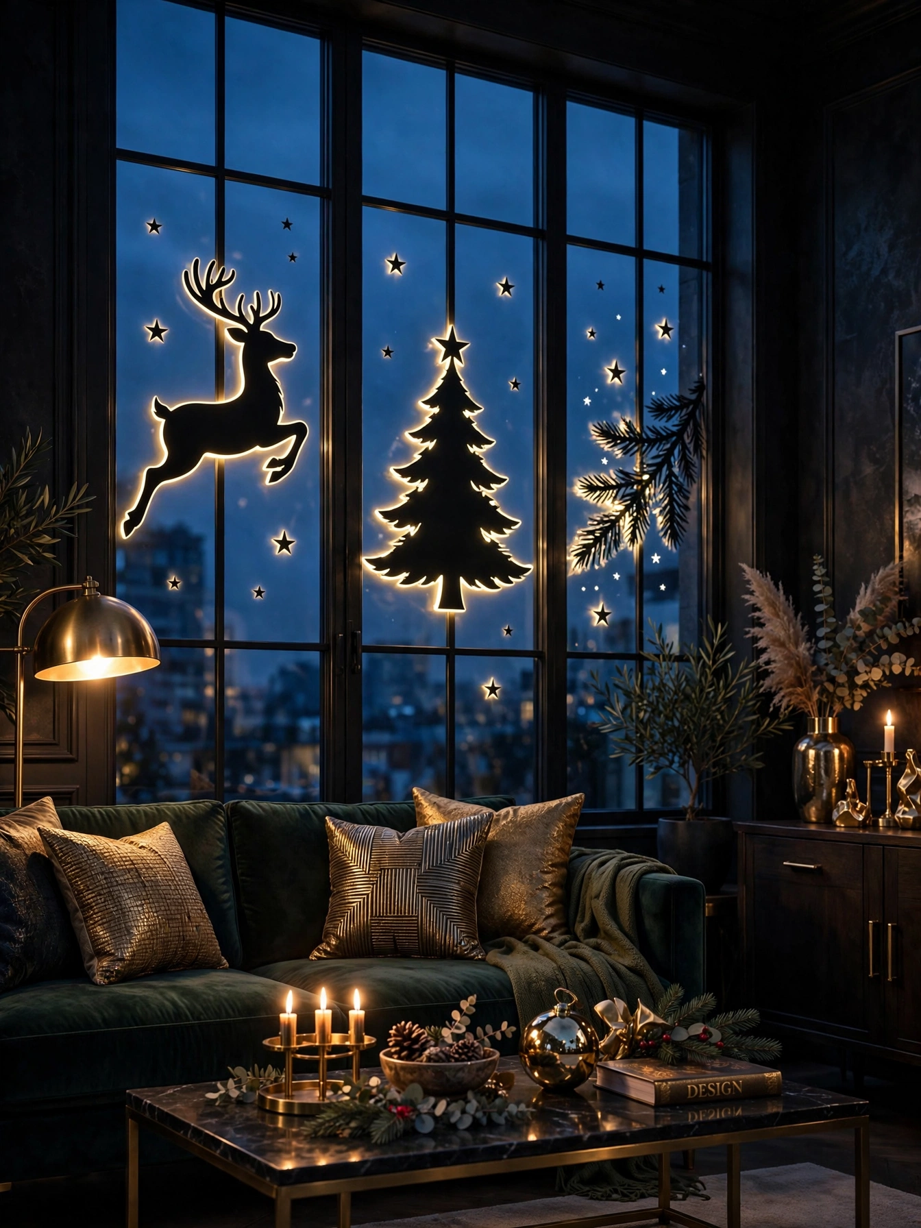 Living room windows with black Christmas silhouette decals glowing at dusk, curb appeal via black christmas decoration ideas 2026