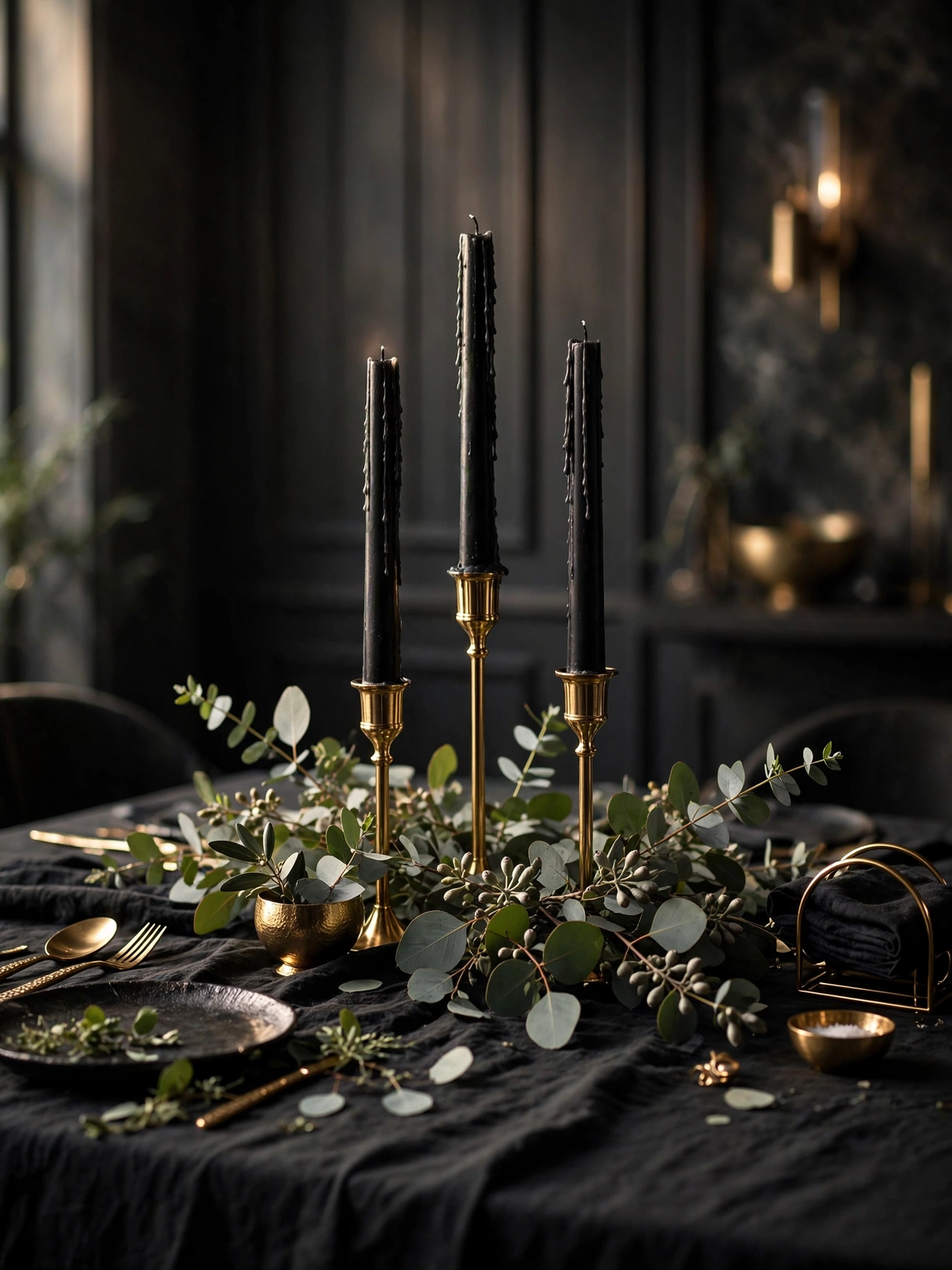 Dining table centerpiece with tall black taper candles in gold holders, an elegant entry in black christmas decoration ideas 2026