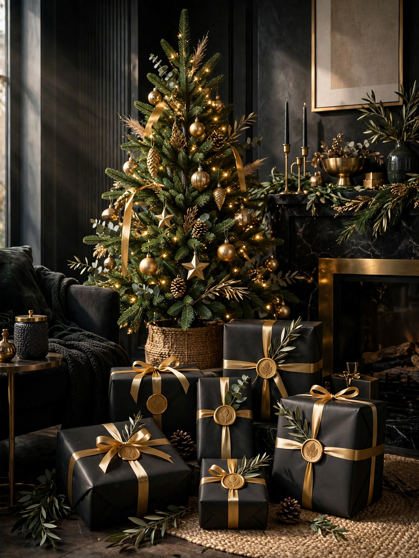 Christmas gifts wrapped in black paper with gold ribbon and wax seals, the prettiest presents in black christmas decoration ideas 2026