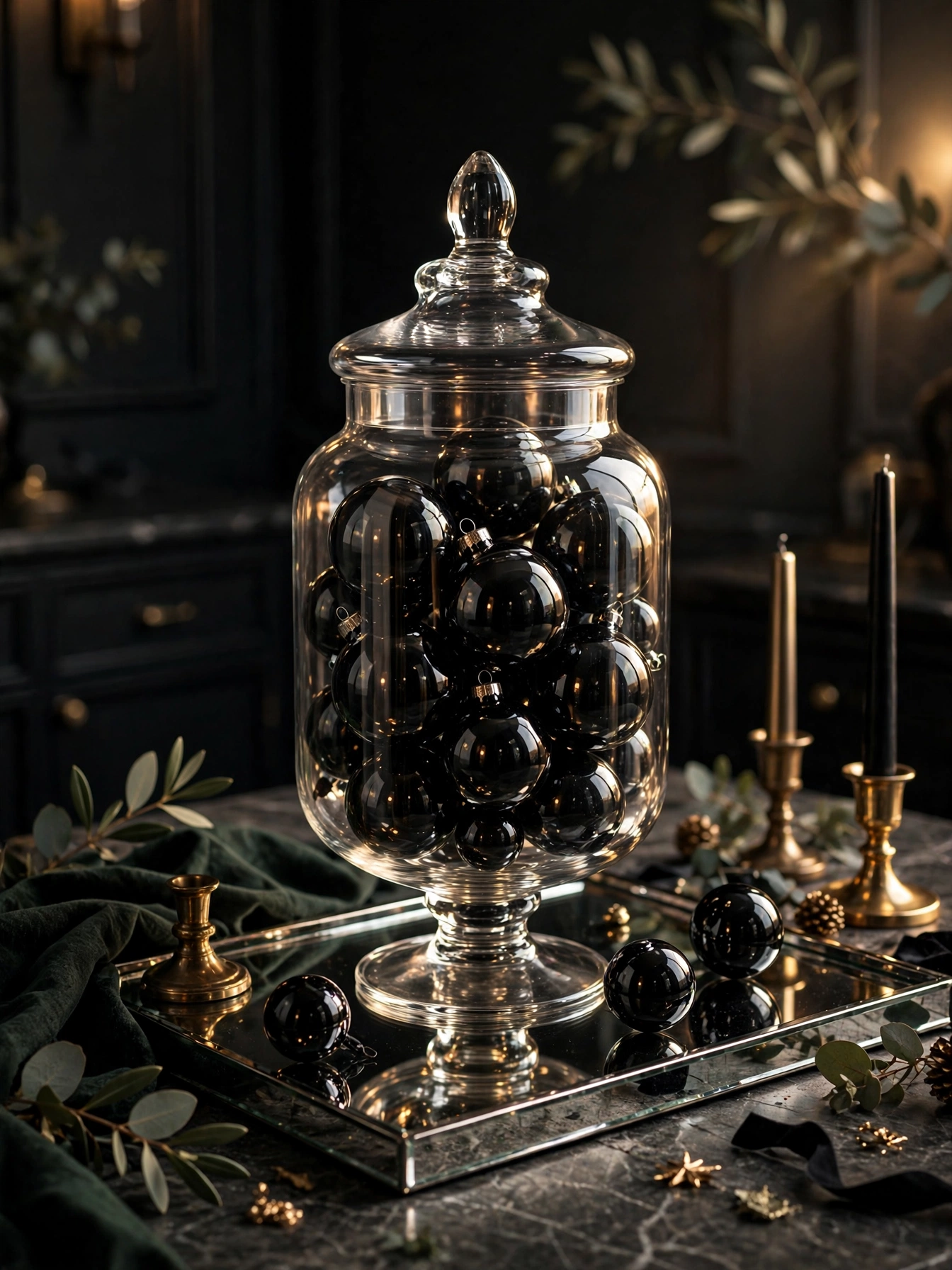 Glass vase filled with glossy black Christmas ornaments in mixed sizes, a simple win among black christmas decoration ideas 2026