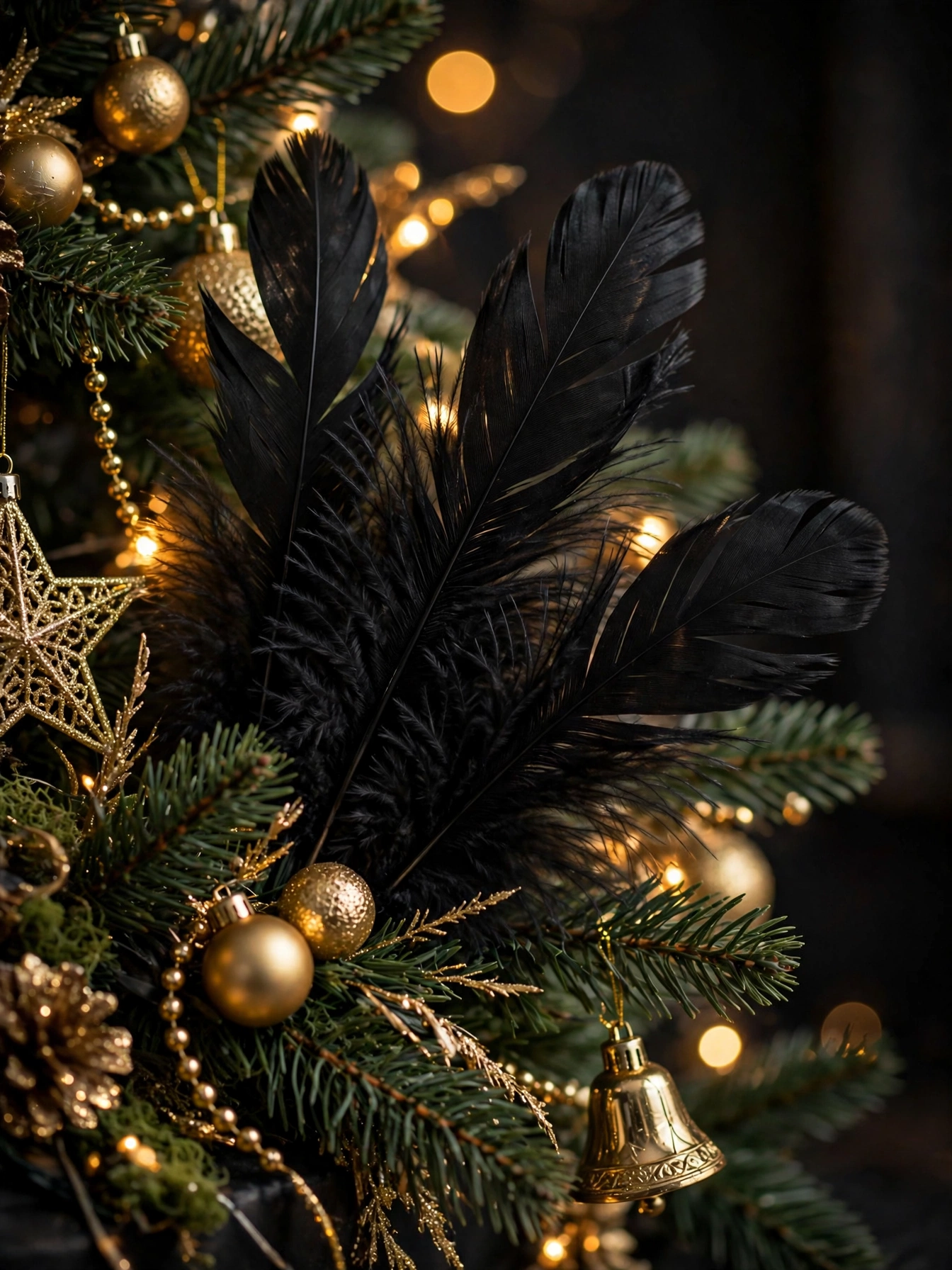 Close-up of black feather picks tucked into Christmas tree branches with gold ornaments, a textured detail in black christmas decoration ideas 2026