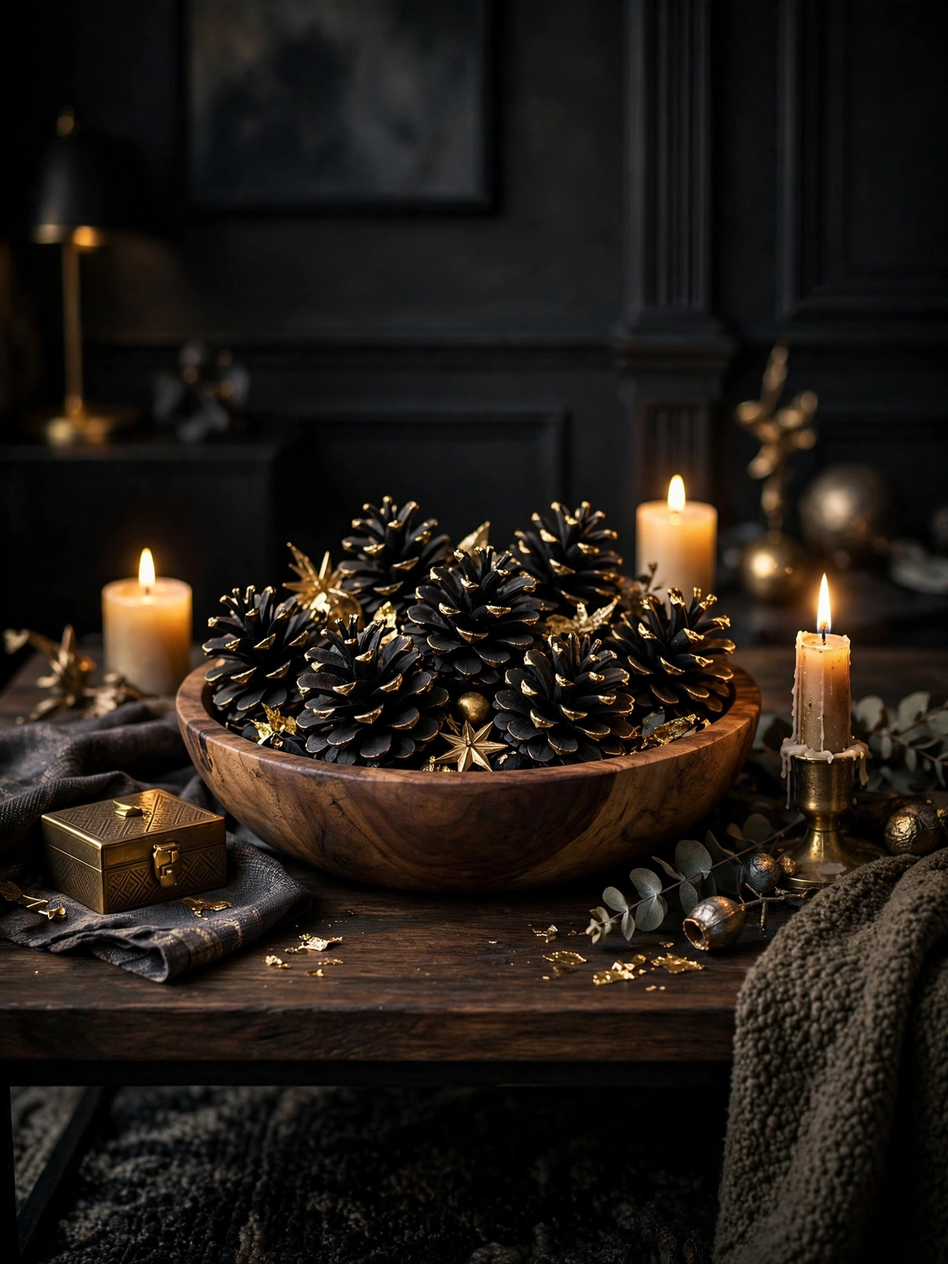 Wooden bowl of black painted pinecones with gold accents and candlelight, a rustic note in black christmas decoration ideas 2026
