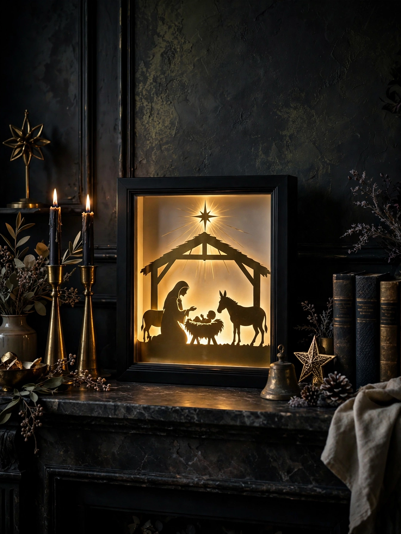 Black framed shadow box with a glowing gold nativity silhouette scene, a meaningful close to black christmas decoration ideas 2026