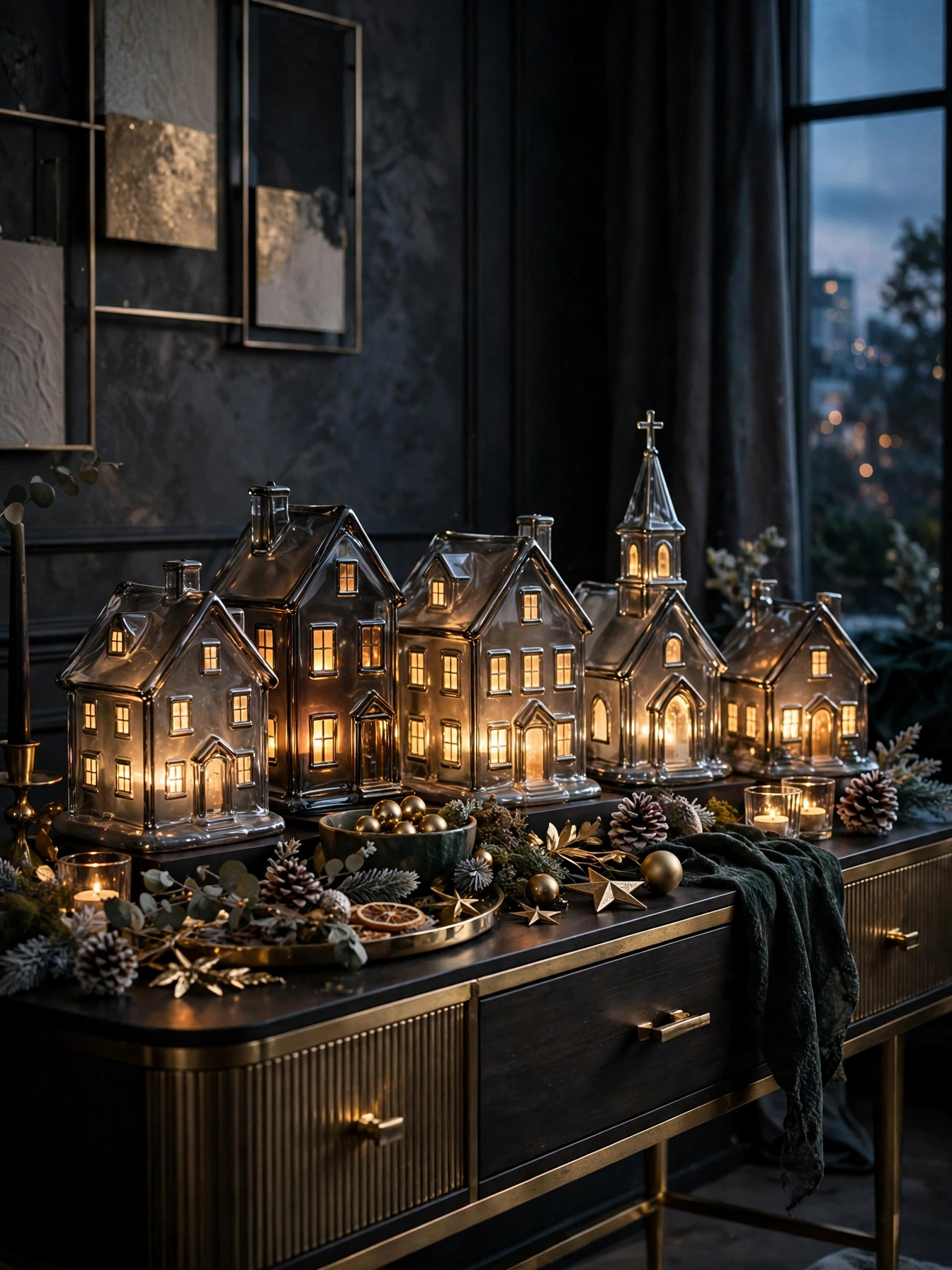 Smoked glass Christmas village houses glowing warmly on a sideboard, a luminous pick from black christmas decoration ideas 2026
