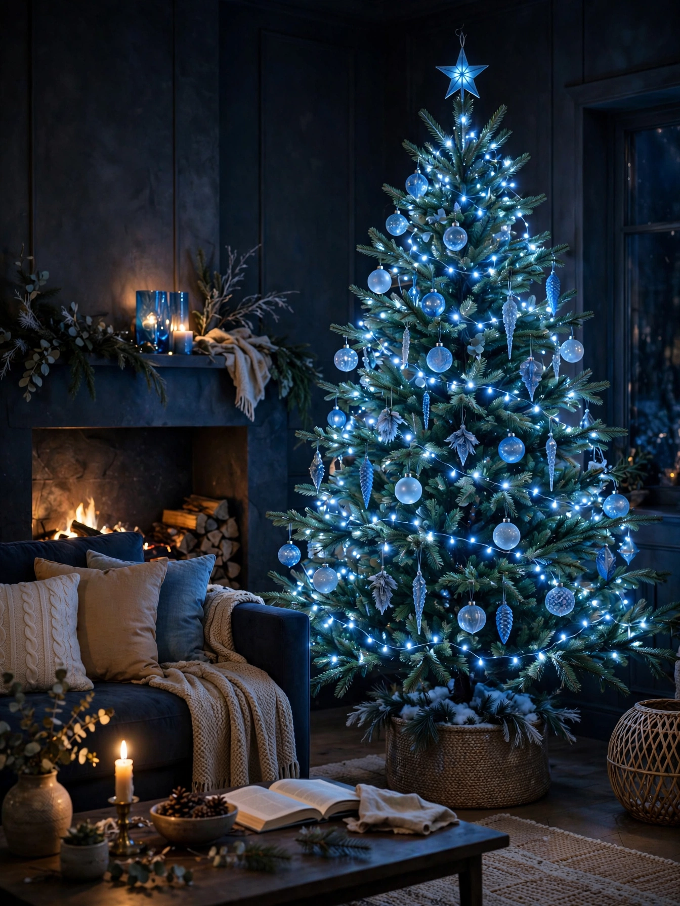Arctic blue string lights wrapped on a tree, a cool glow from blue christmas decor ideas 2026