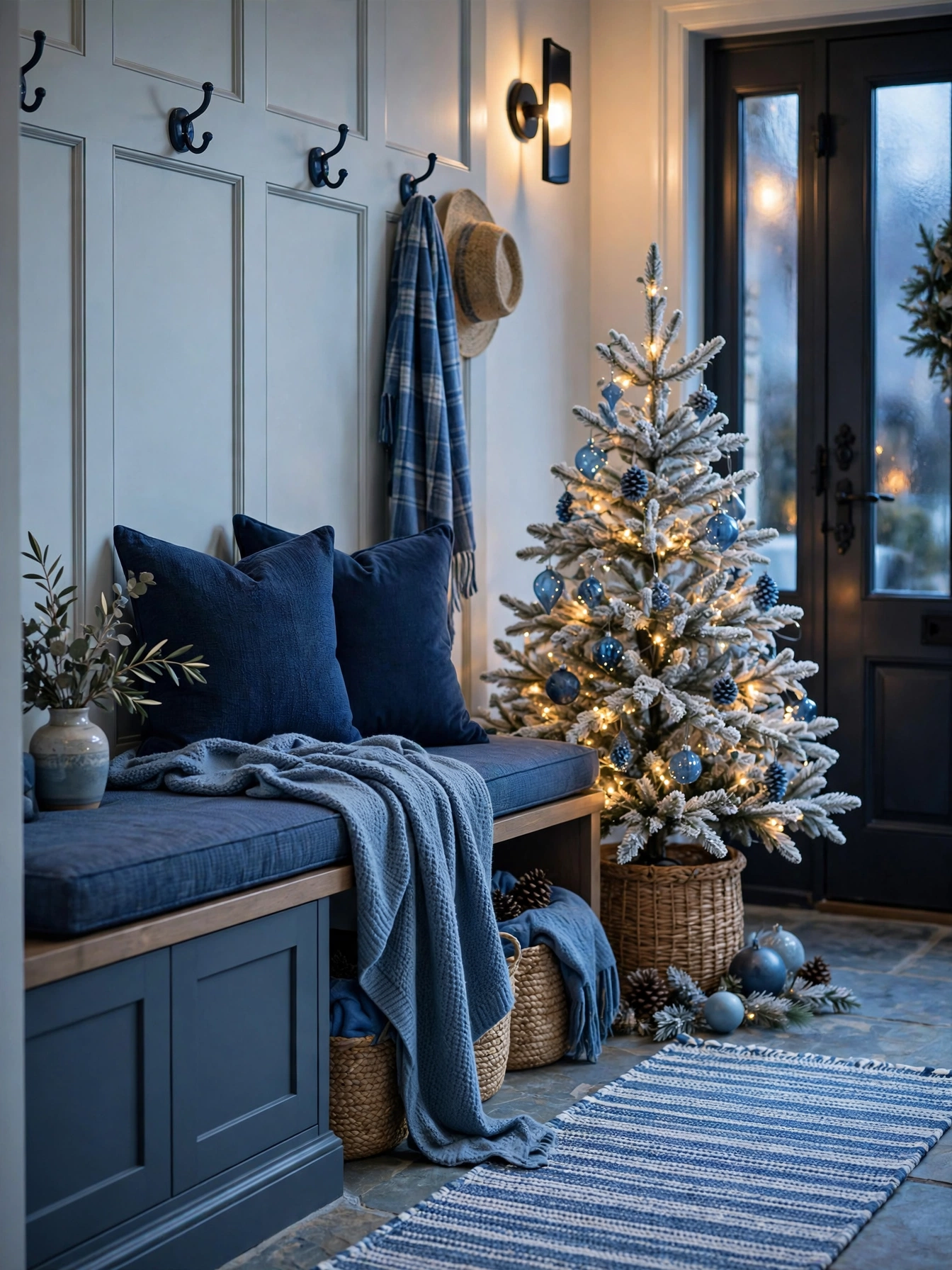 Blue Christmas entryway bench styled with pillows and throws, a welcoming nook from blue christmas decor ideas 2026