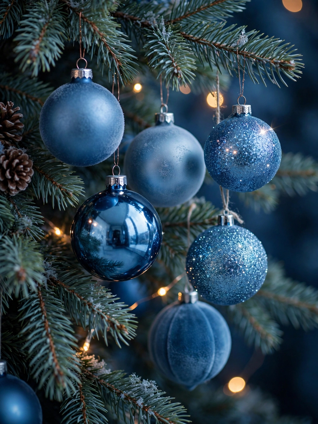 Blue glass ornaments in mixed finishes catching tree light, a sparkling set for blue christmas decor ideas 2026
