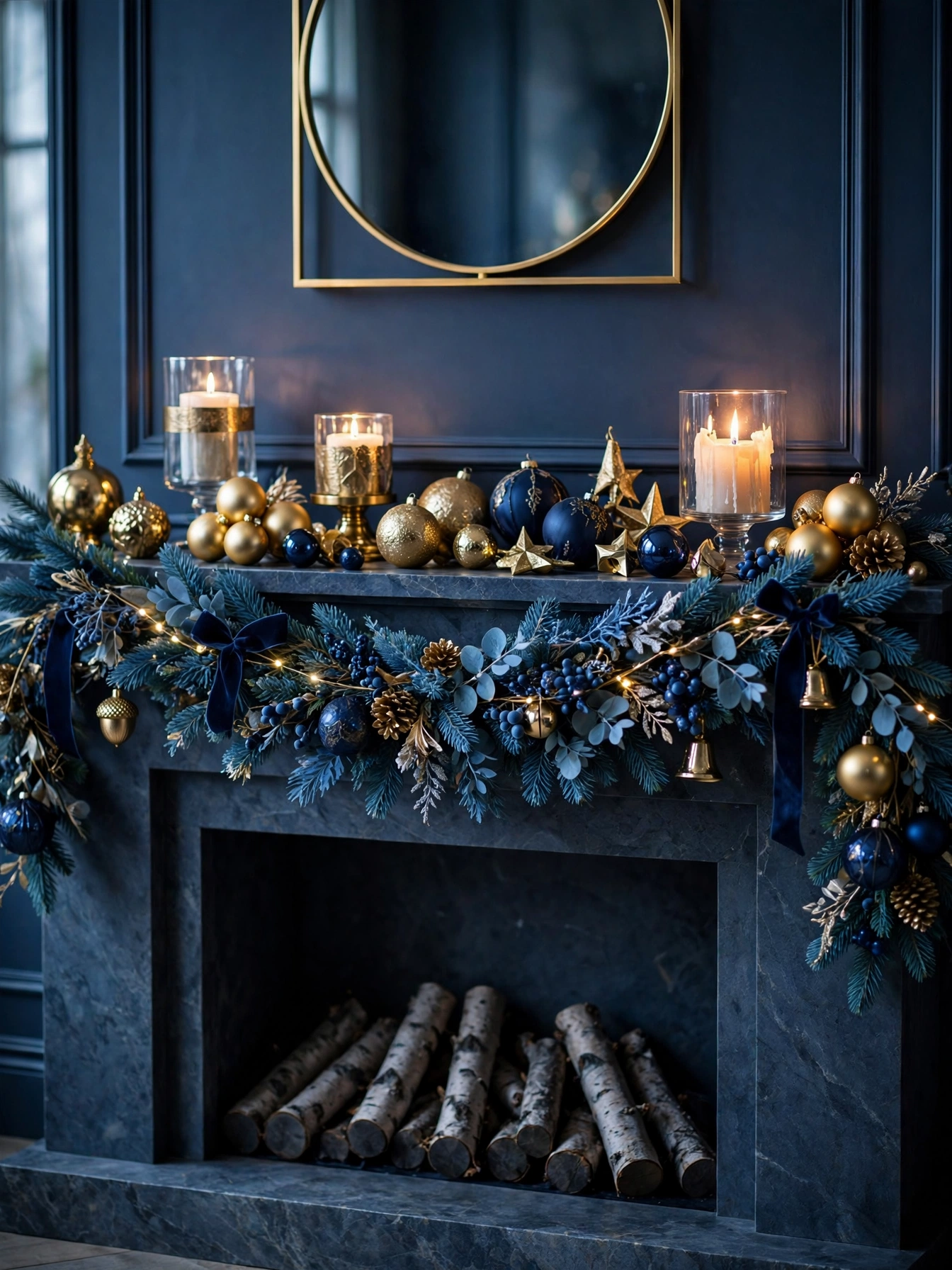 Blue and gold mantel with garland and candlelight, a classic pairing from blue christmas decor ideas 2026
