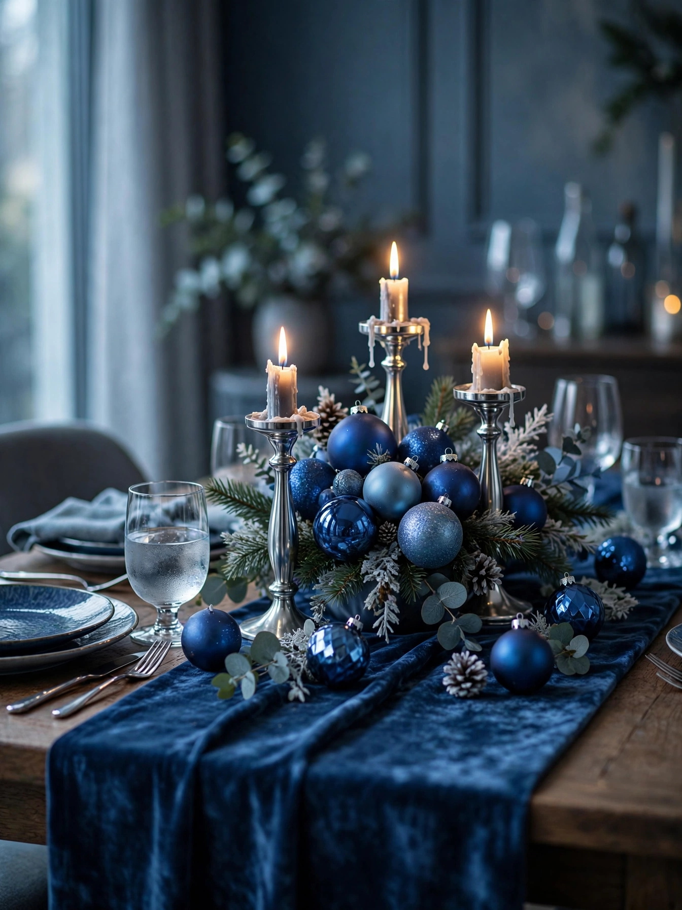 Blue velvet table runner with silver accents, a soft luxe layer in blue christmas decor ideas 2026