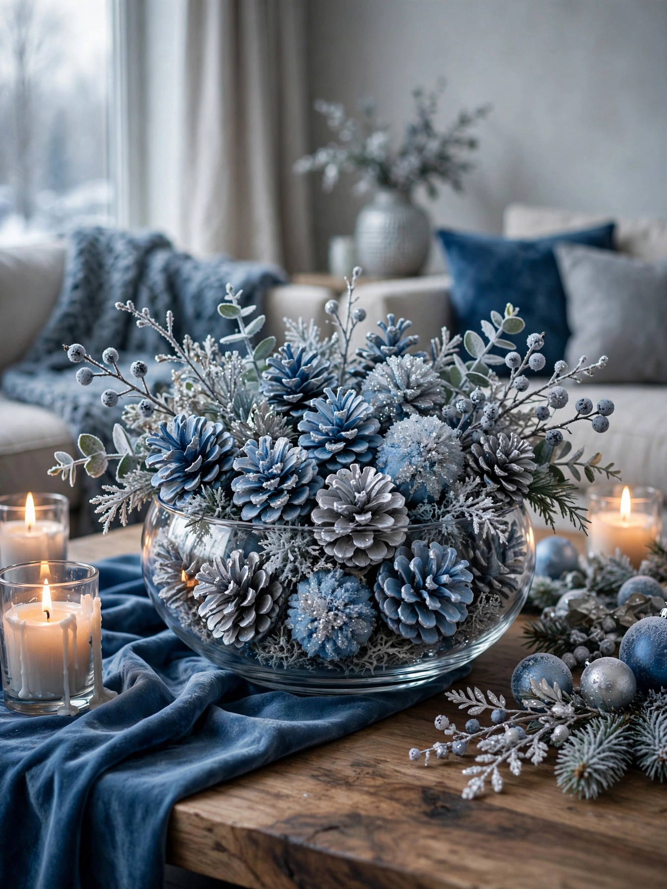 Frosted blue pine cone fillers in a glass bowl, a budget texture play for blue christmas decor ideas 2026