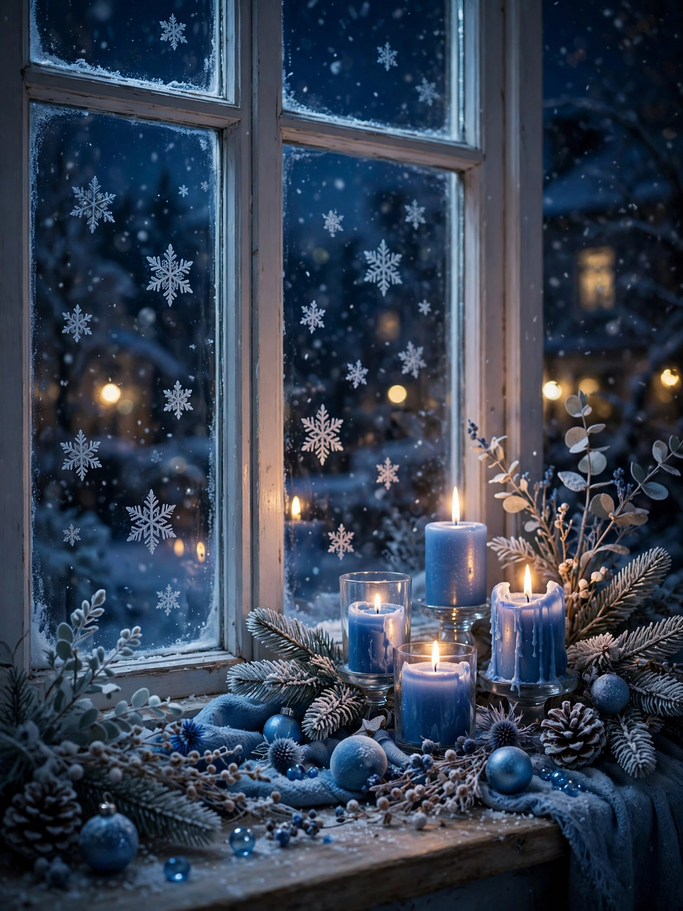 Frozen blue window sill scene with candles and frost decals, a dreamy vignette for blue christmas decor ideas 2026