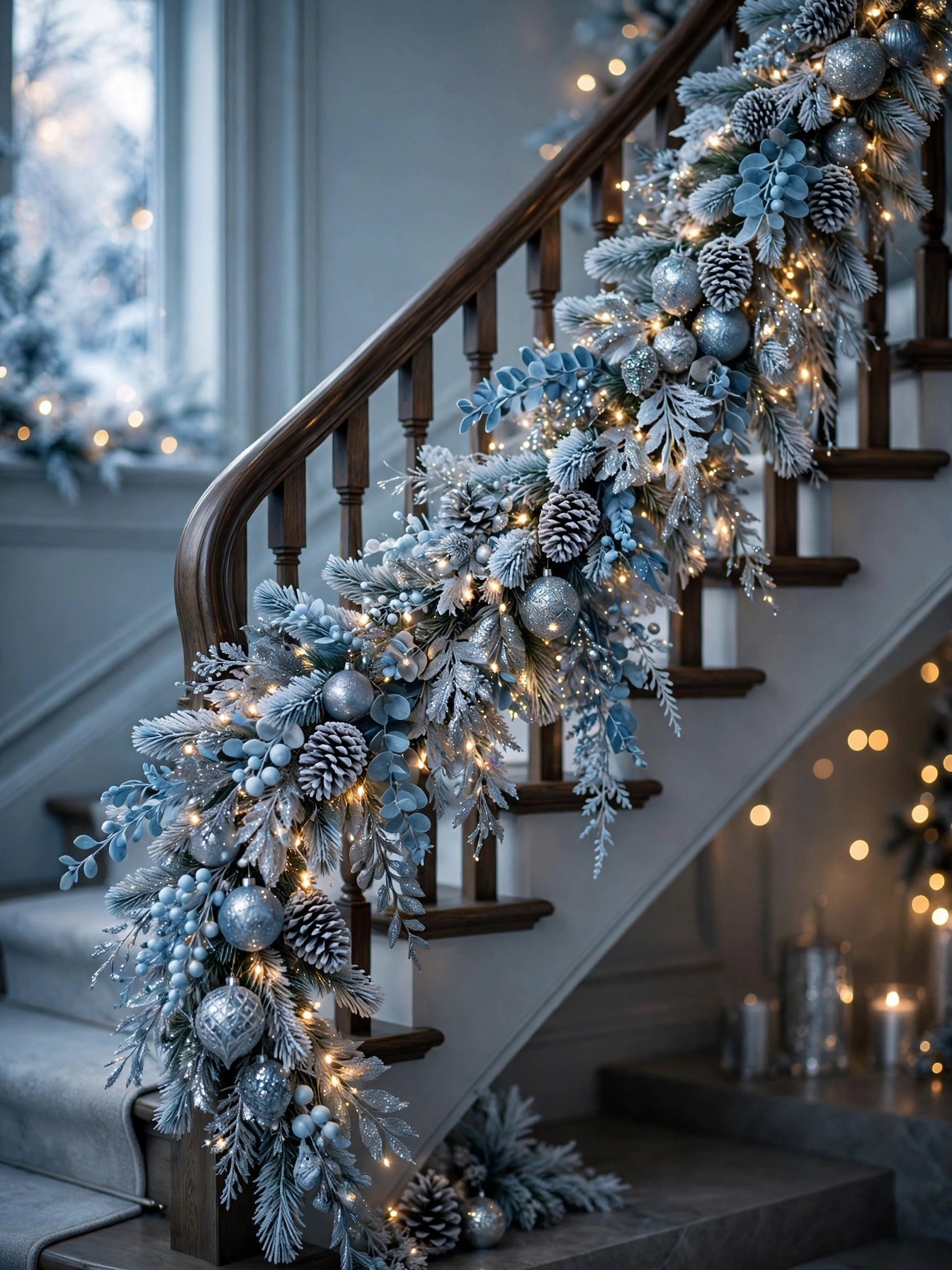 Icy blue garland cascading down a staircase, an elegant entry in blue christmas decor ideas 2026