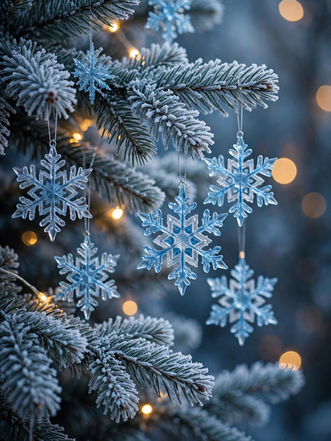 Icy blue snowflake ornaments on frosted branches, a wintry detail from blue christmas decor ideas 2026