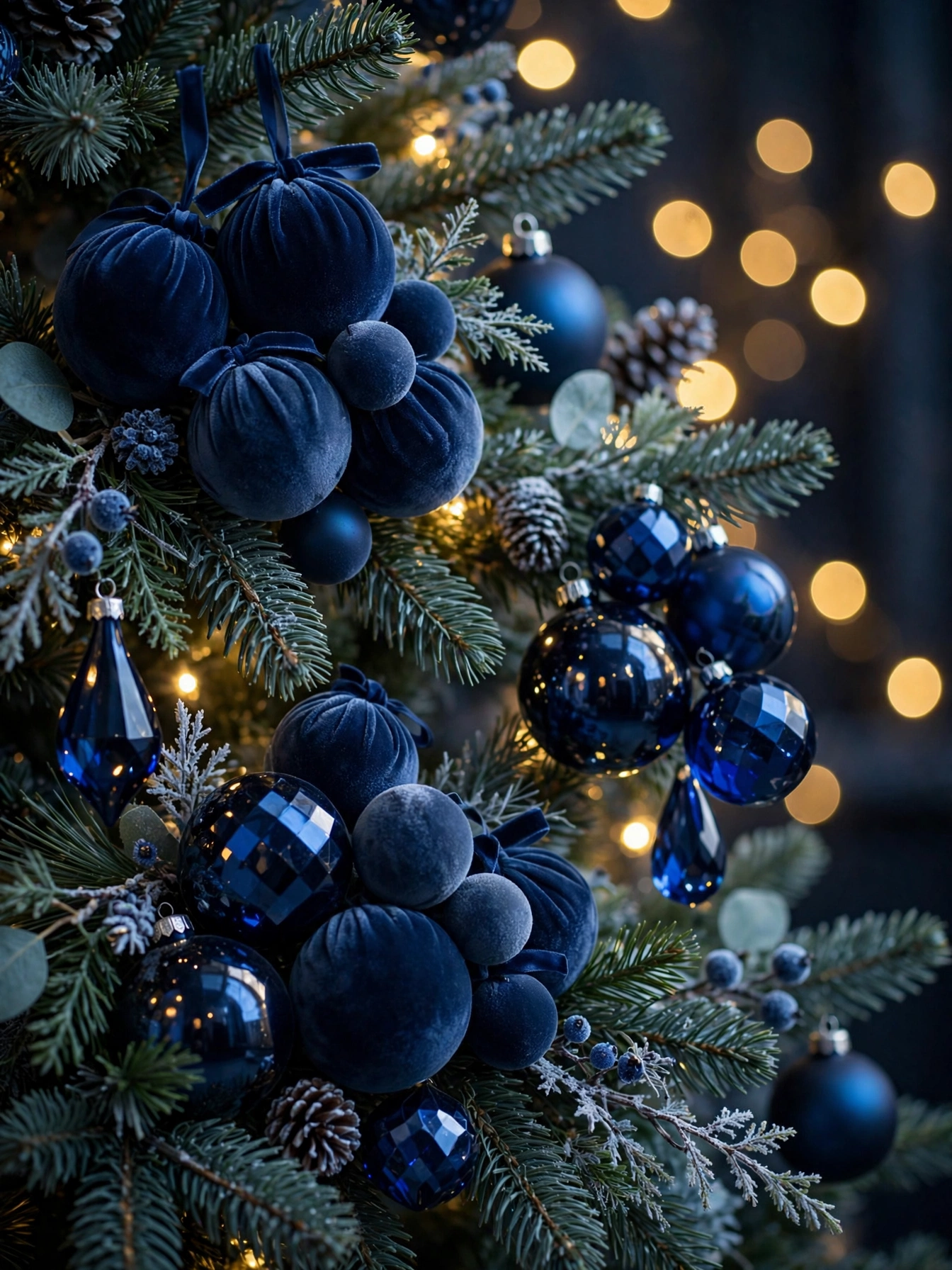 Navy velvet ornaments clustered on tree branches, a rich texture in these blue christmas decor ideas 2026