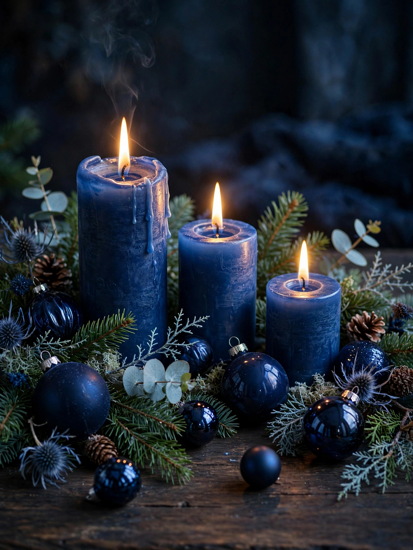 Sapphire candlelight glowing against navy decor, a moody evening look in blue christmas decor ideas 2026