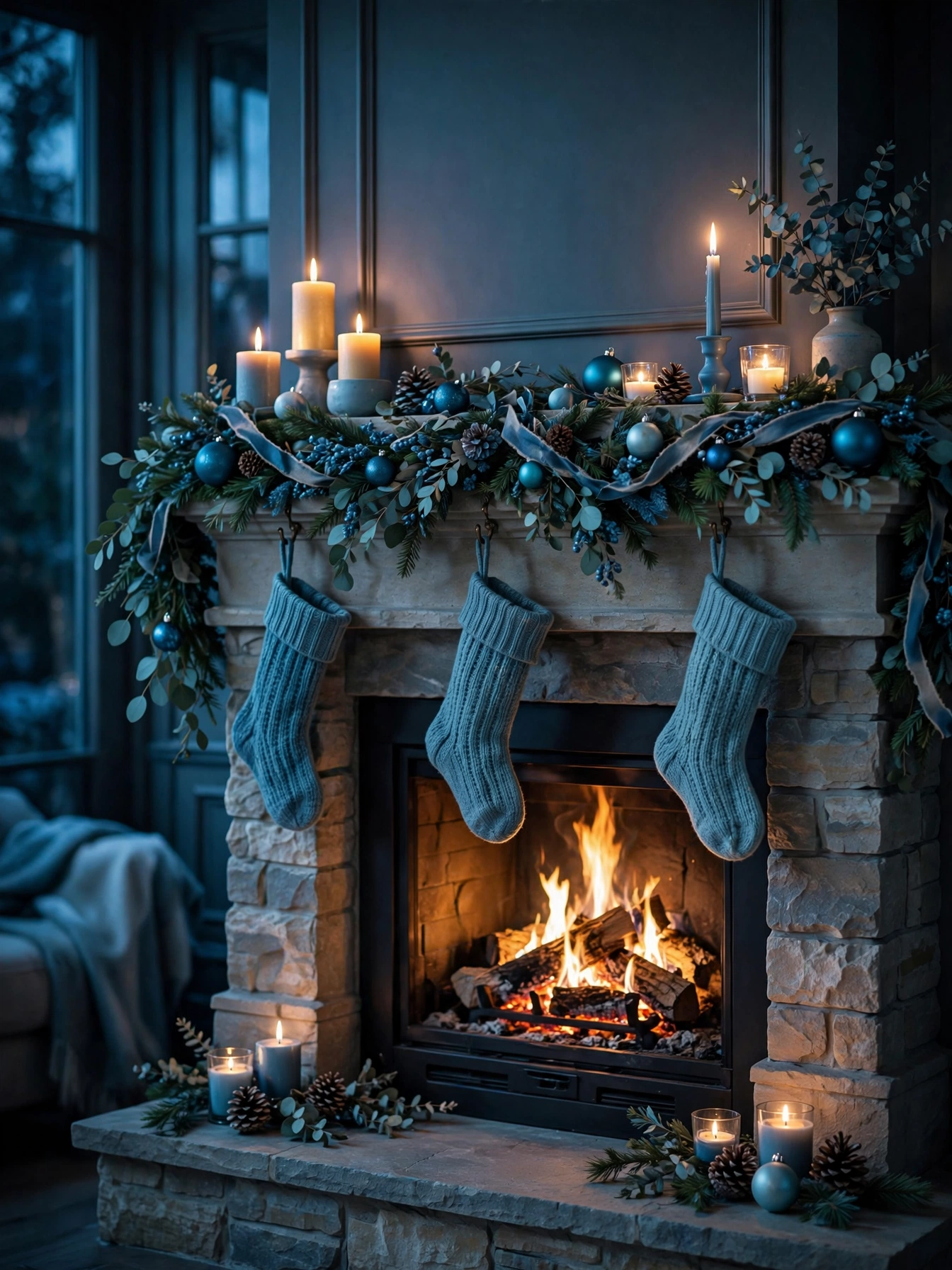 Teal blue fireplace accents with garland and stockings, a modern hearth in blue christmas decor ideas 2026