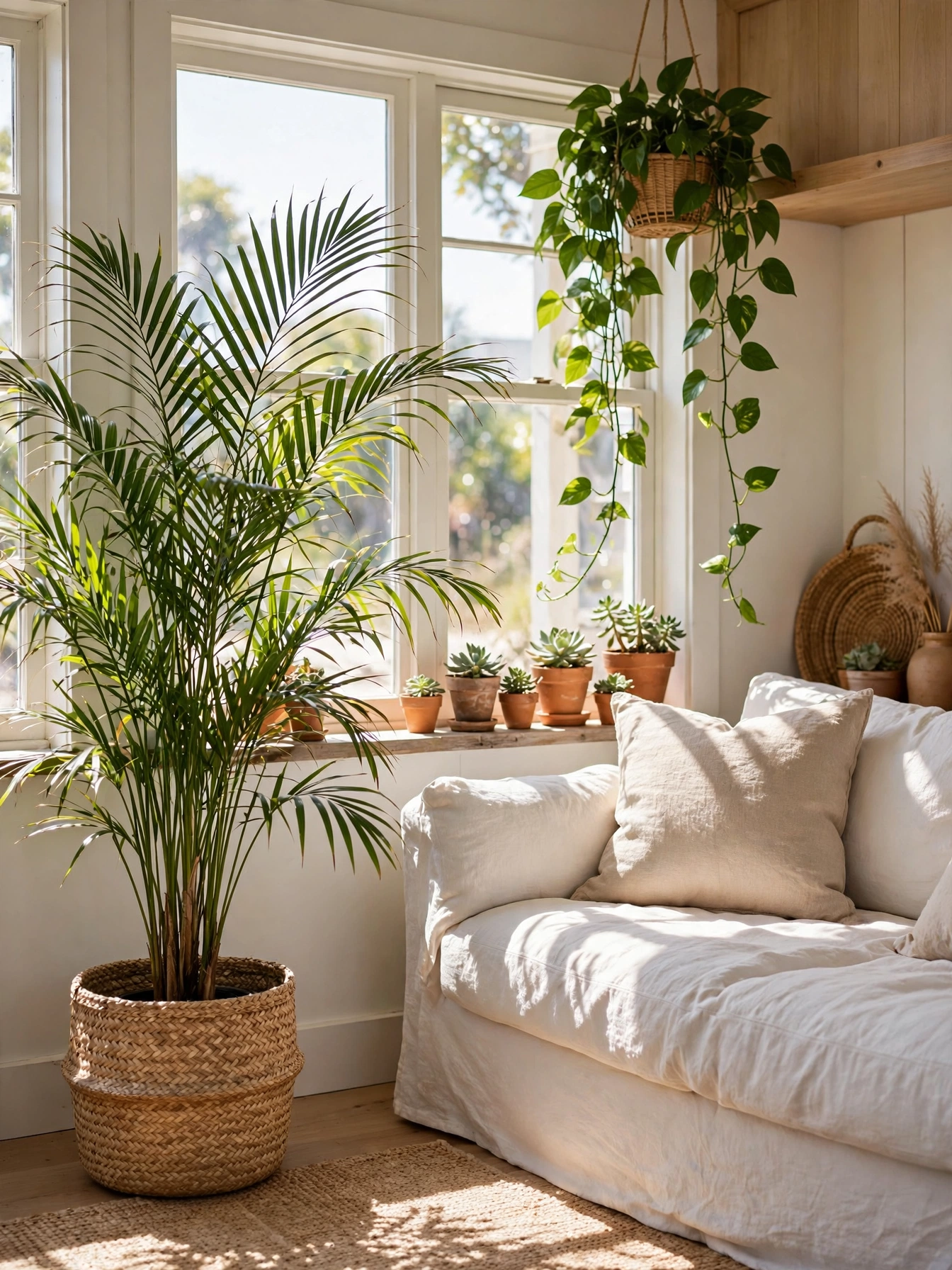 Kentia palm in a woven basket with trailing pothos and succulents, lively casual coastal living room ideas