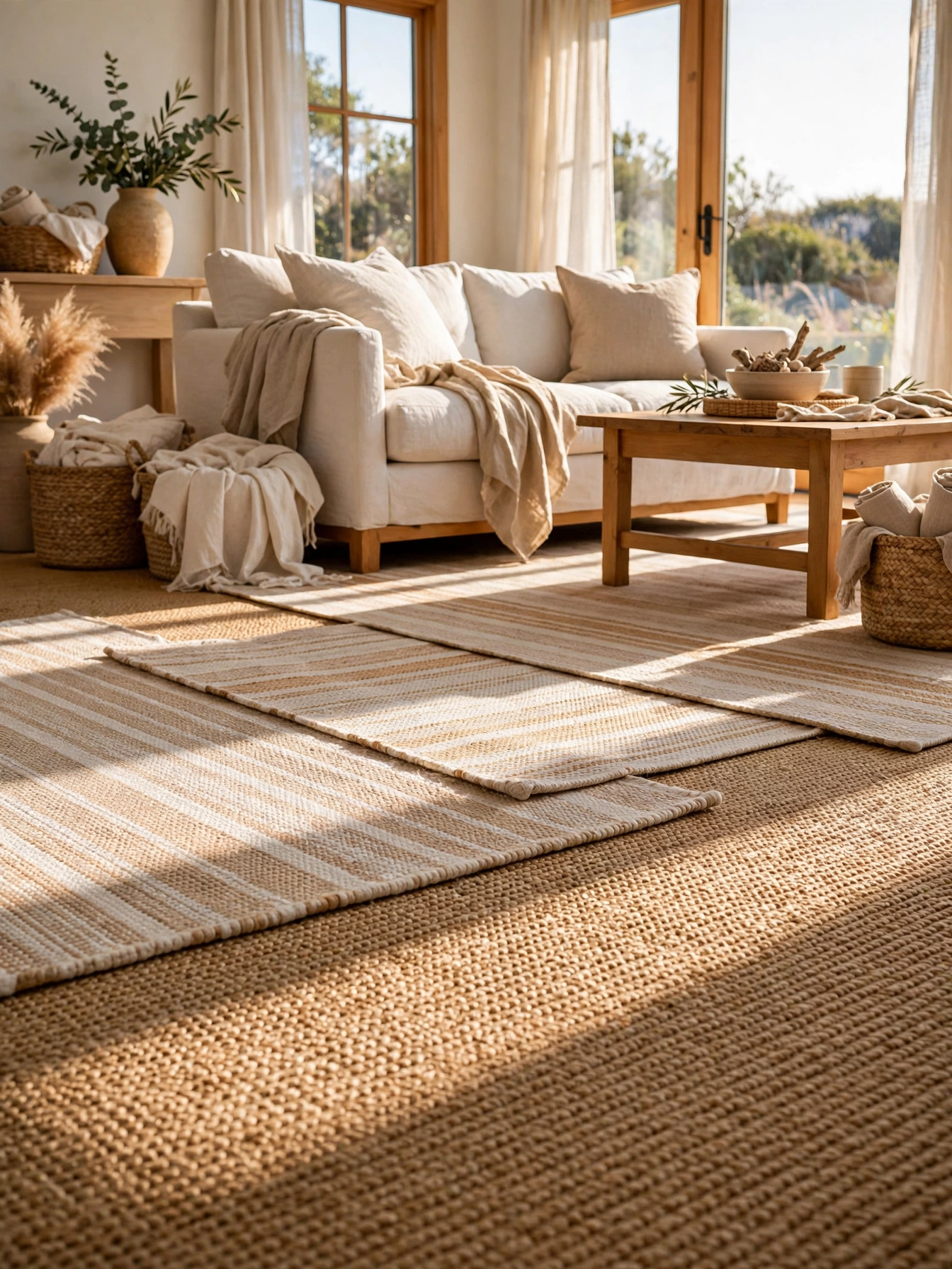 Natural sisal-look floors with layered flatweave rugs in bright daylight, carefree casual coastal living room ideas