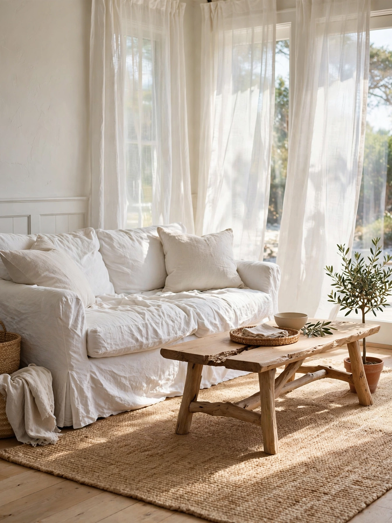 Rumpled white linen slipcovered sofa with jute rug in bright daylight, relaxed casual coastal living room ideas