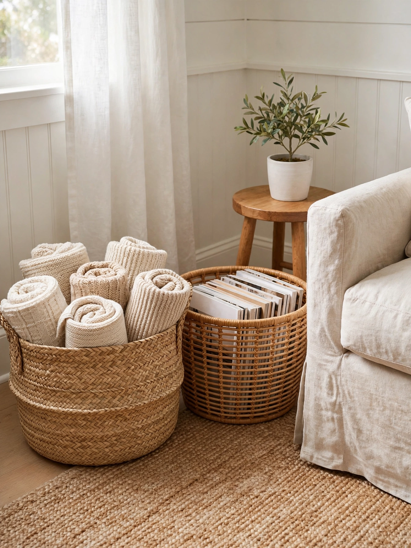 Seagrass storage baskets with rolled throws beside a linen sofa, tidy casual coastal living room ideas