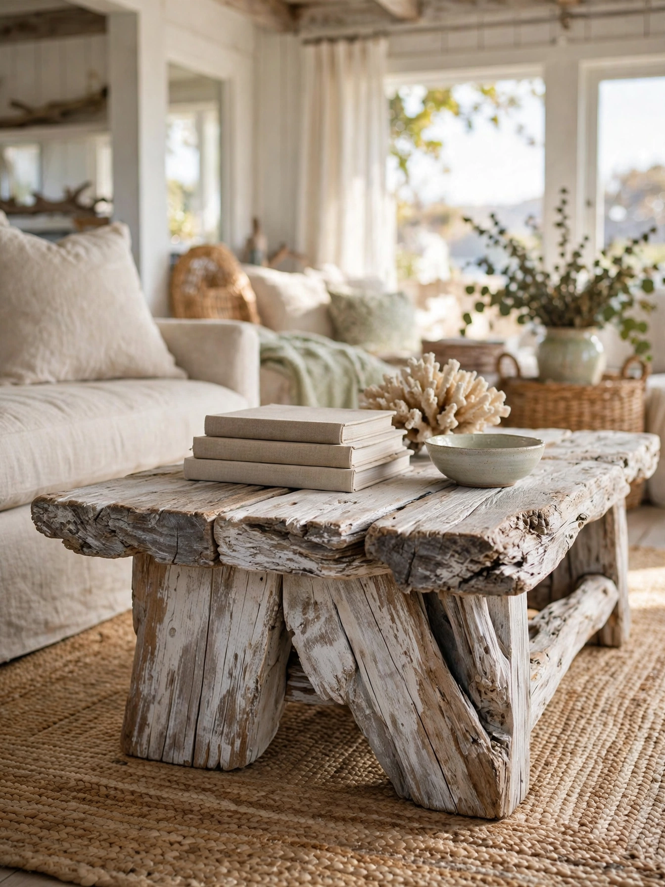 Whitewashed driftwood coffee table styled with books and coral, rustic casual coastal living room ideas