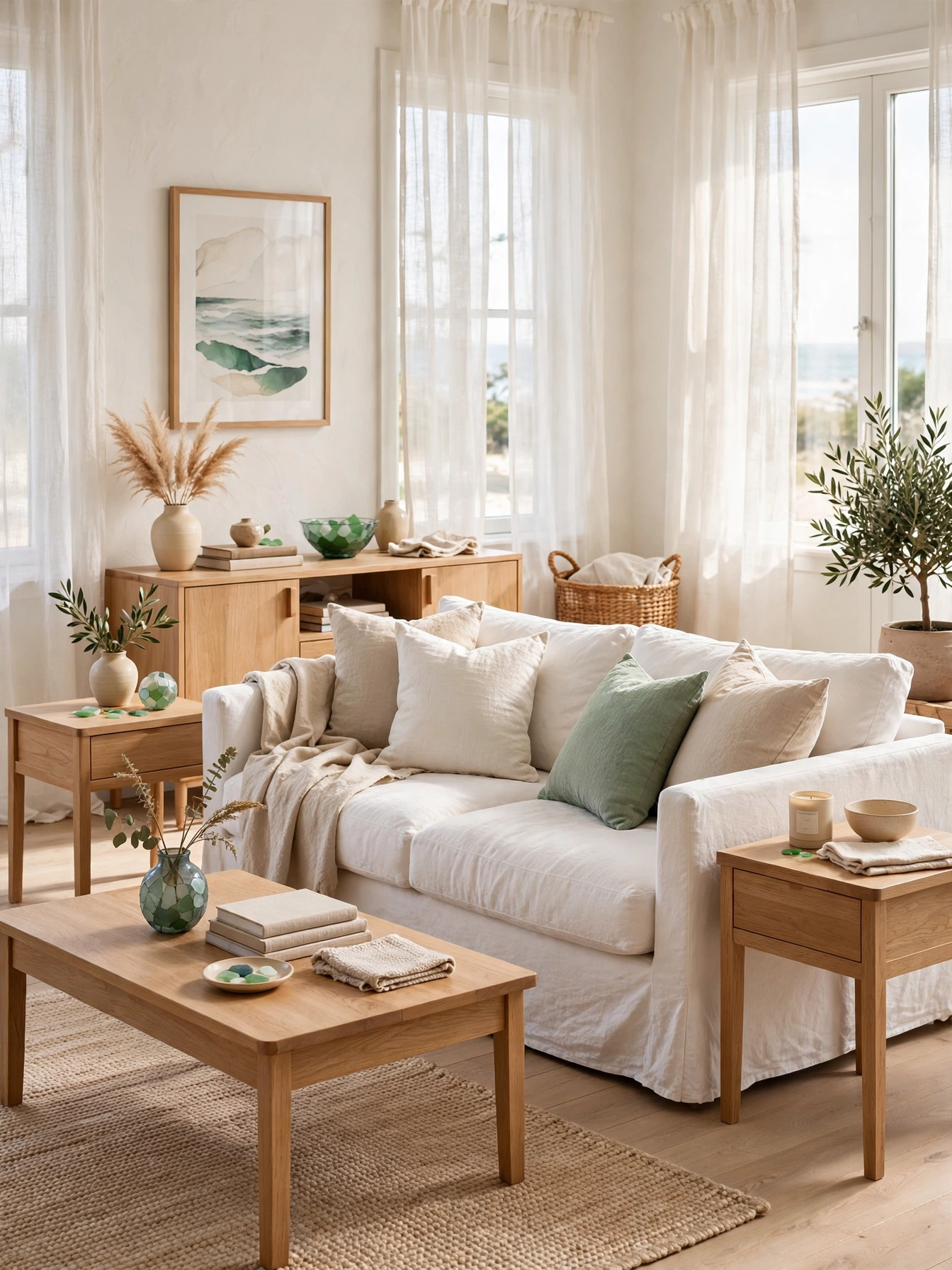 Living room furnished entirely in light oak with sea-glass accents, cohesive casual coastal living room ideas