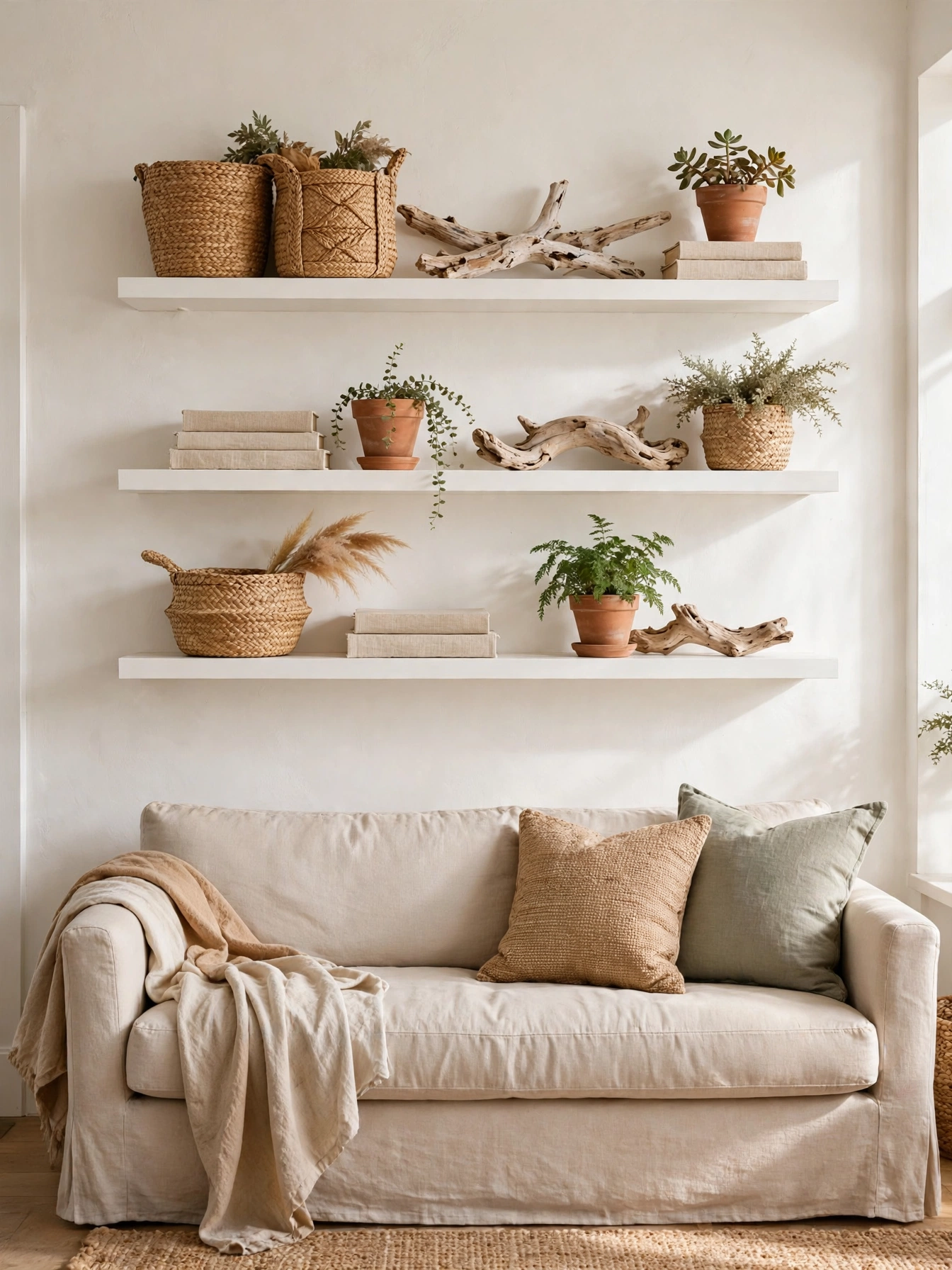 White open shelves styled with books, baskets, plants, and driftwood, curated casual coastal living room ideas
