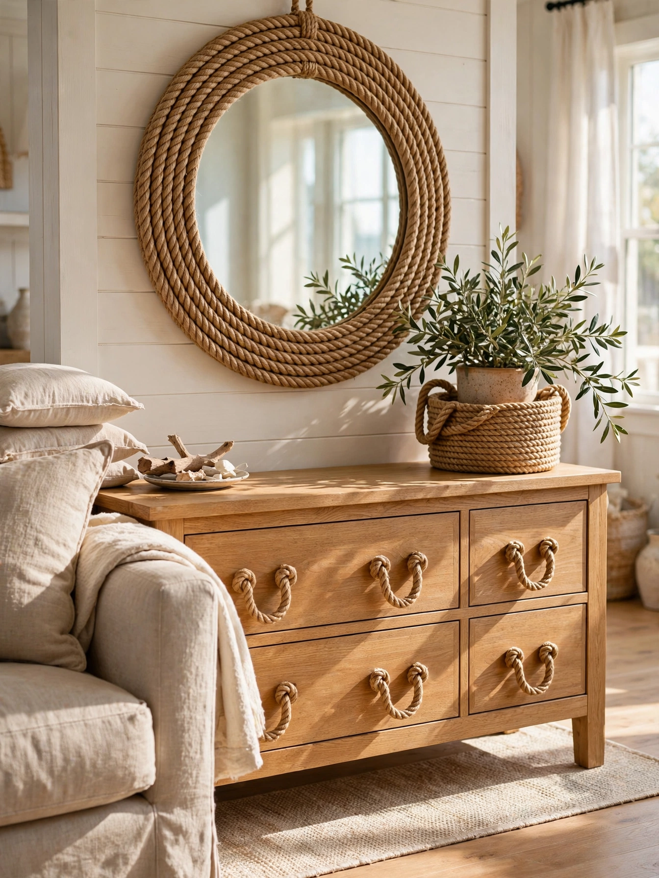 Rope-wrapped mirror and rope drawer pulls on a light oak console, handcrafted casual coastal living room ideas