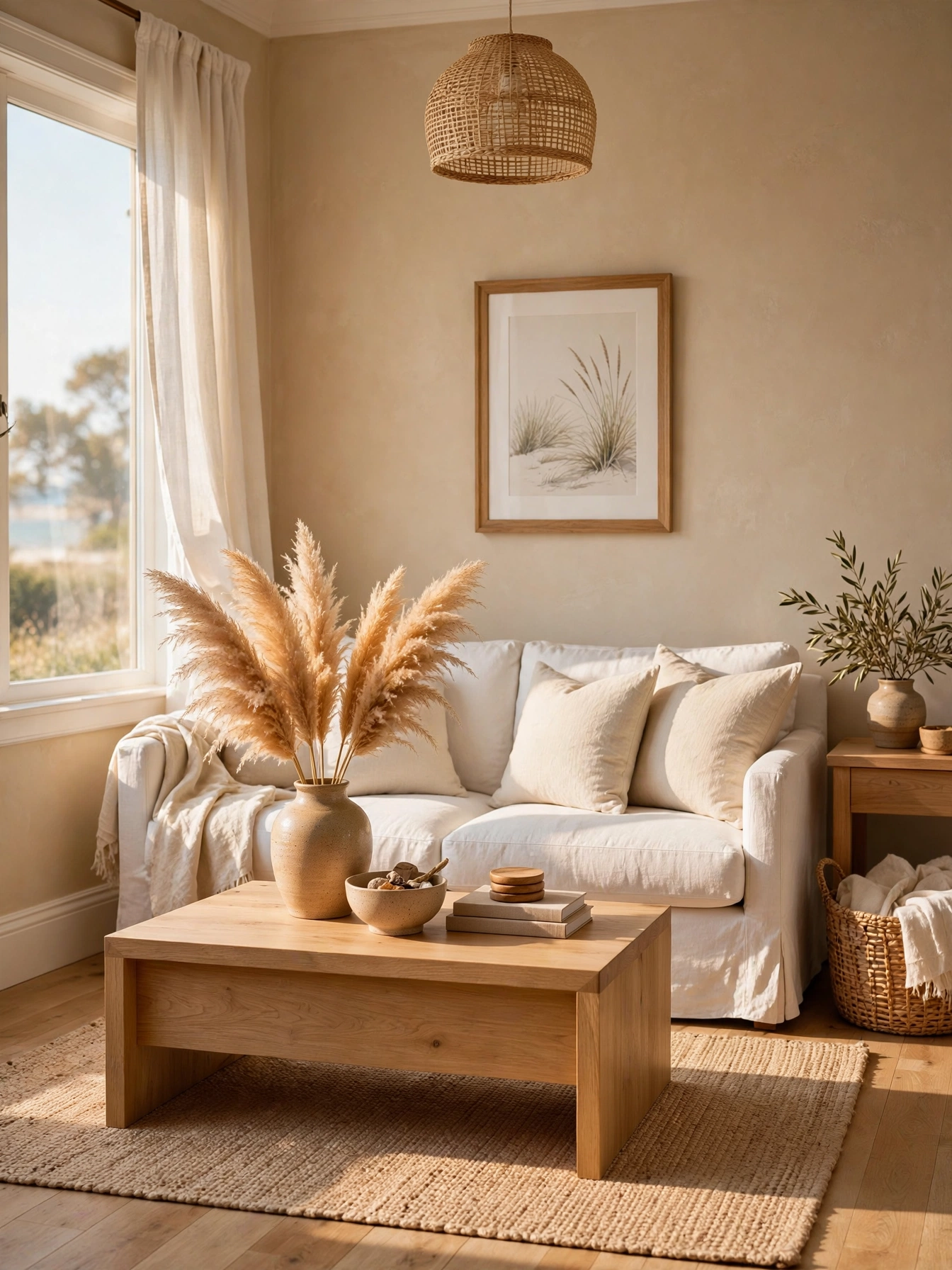 Sandy beige walls with white trim, linen sofa, and pampas grass, warm casual coastal living room ideas