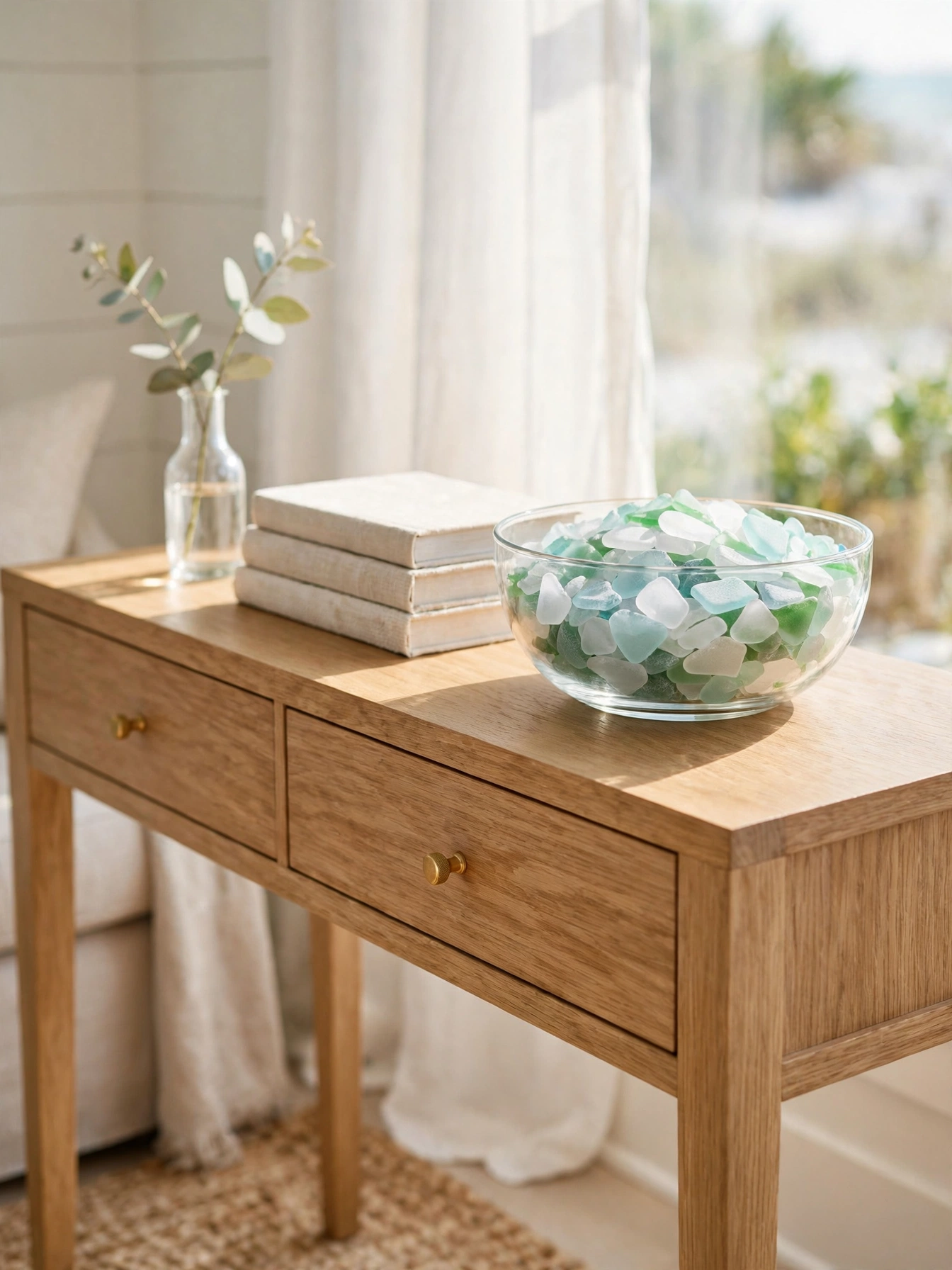 Glass bowl of frosted sea glass on a light oak console table, delicate casual coastal living room ideas