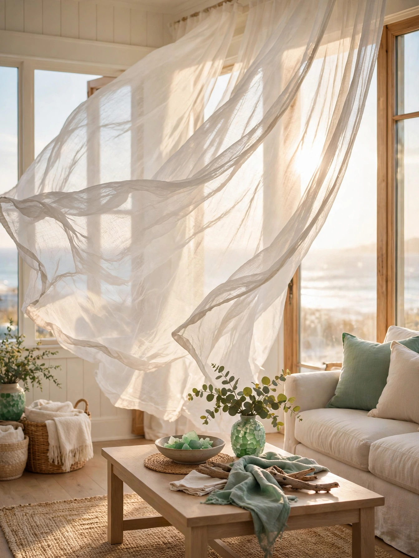 Sheer white linen curtains billowing in a sea breeze, dreamy casual coastal living room ideas
