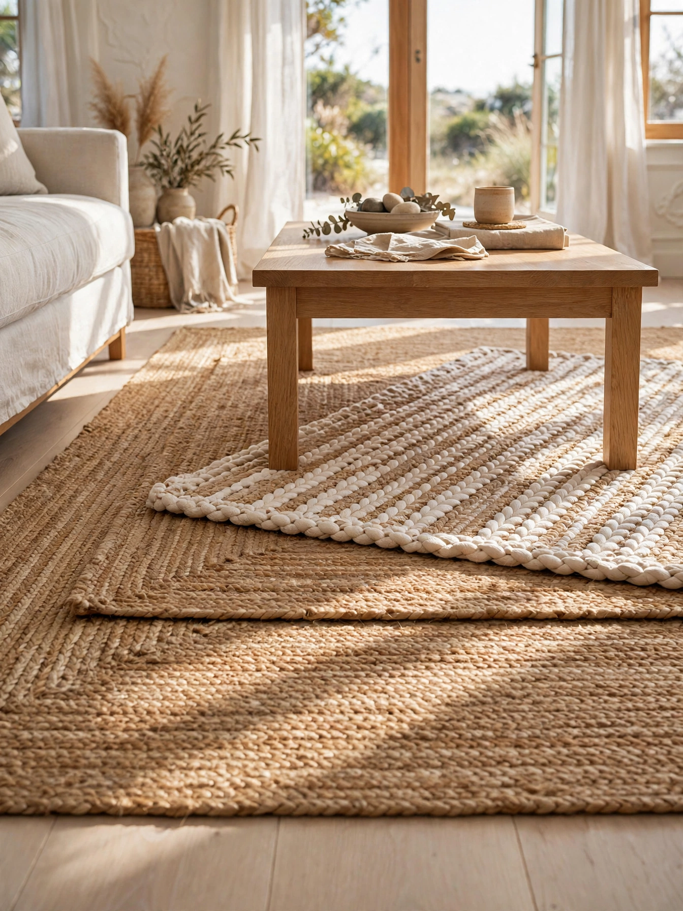 Layered jute and braided cotton rugs under a light oak coffee table, textured casual coastal living room ideas