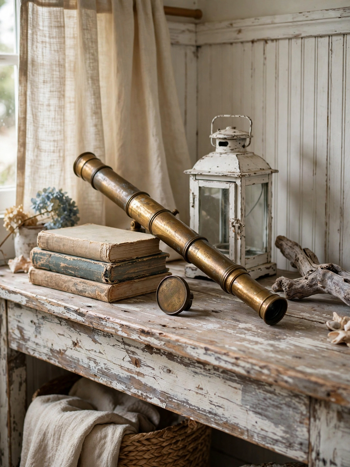 Vintage brass telescope and chippy lantern on a weathered console, storied casual coastal living room ideas