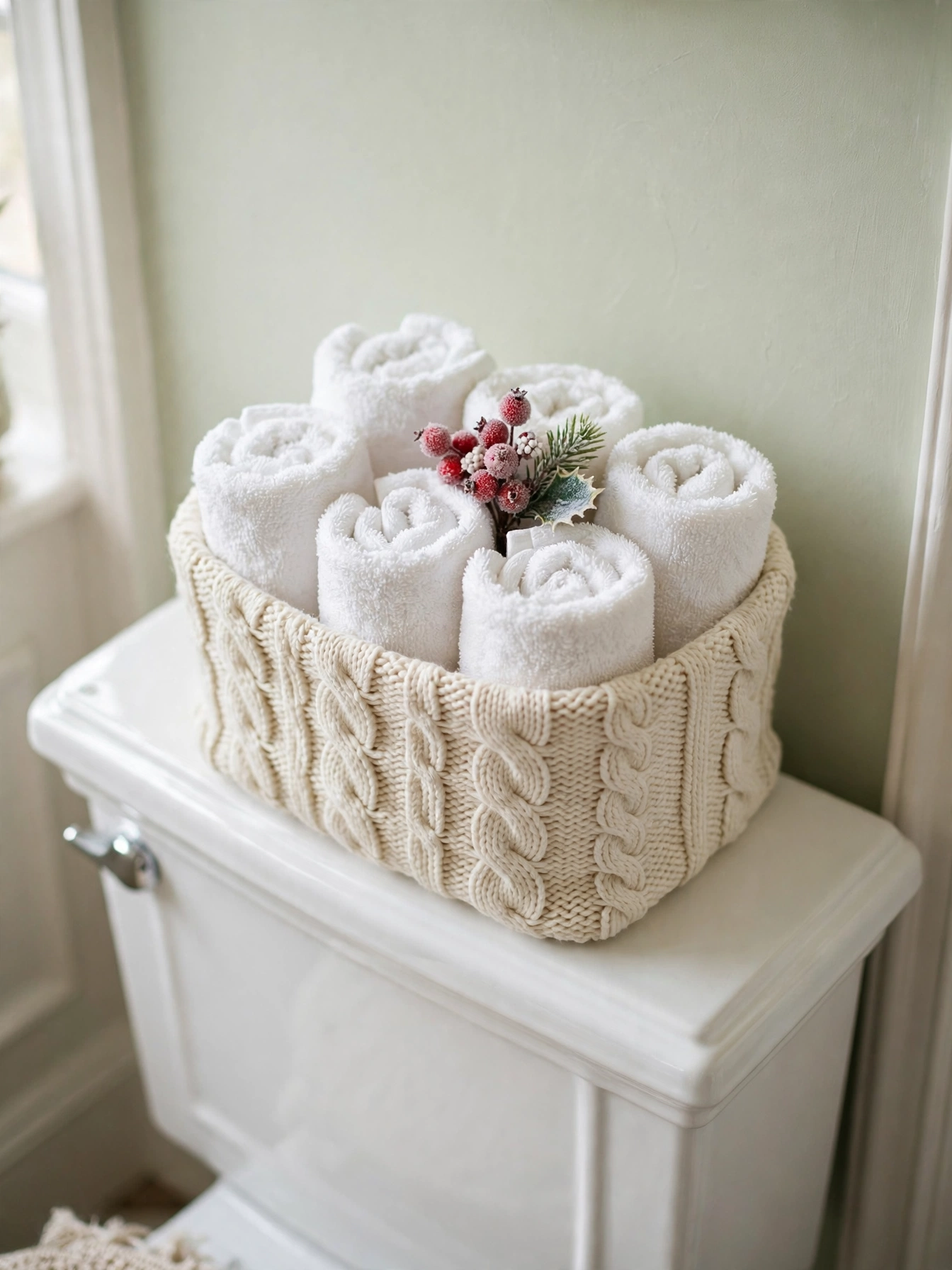 A ceramic soap dispenser with red berry motif beside a small soap dish on a vanity, a seasonal swap from these christmas bathroom decor ideas 2026