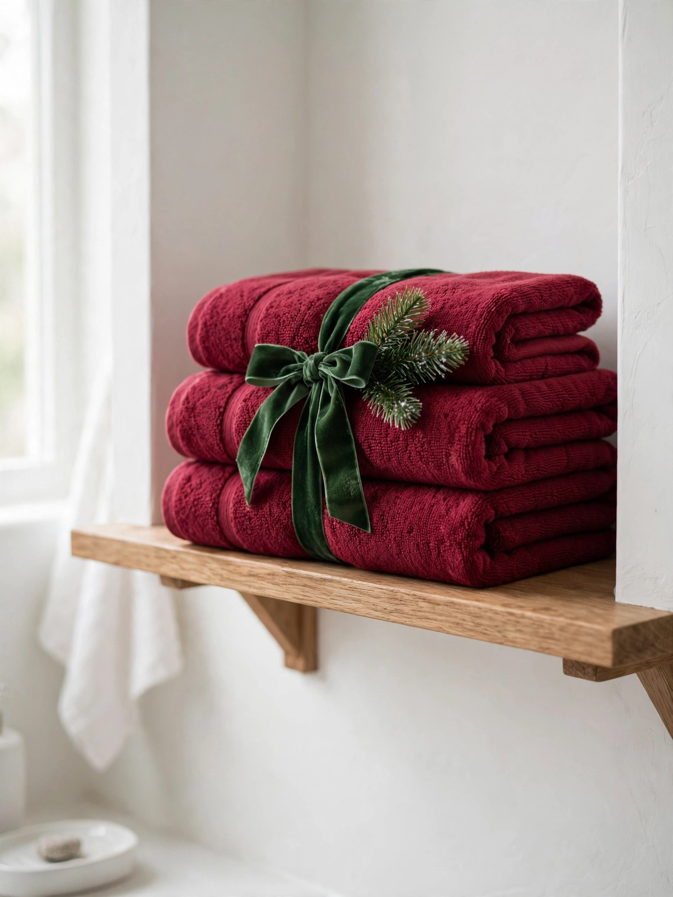 Neatly folded cranberry red towels stacked on an open bathroom shelf, an easy swap from these christmas bathroom decor ideas 2026