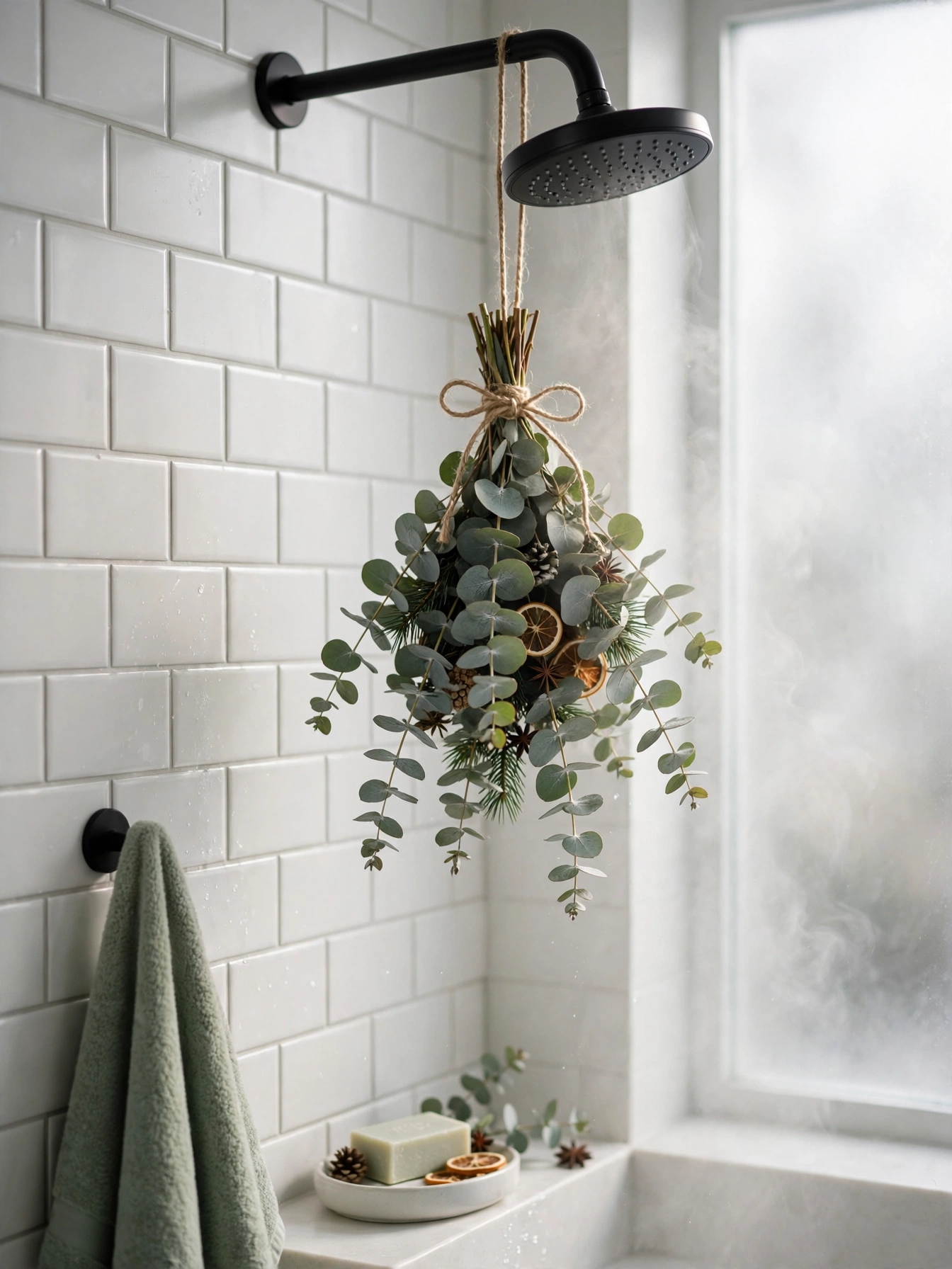A fresh eucalyptus bundle tied with twine hanging in a steamy shower, a fragrant natural pick from these christmas bathroom decor ideas 2026