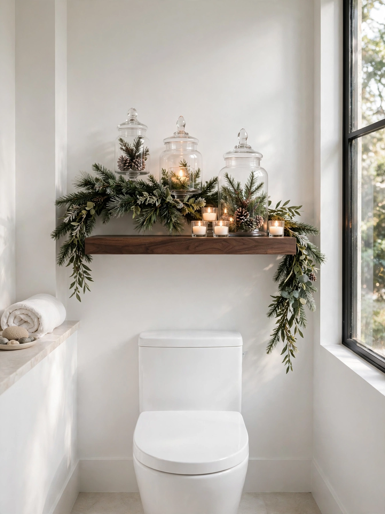 A floating shelf styled with faux evergreen garland, apothecary jars and candles, a vignette idea from these christmas bathroom decor ideas 2026