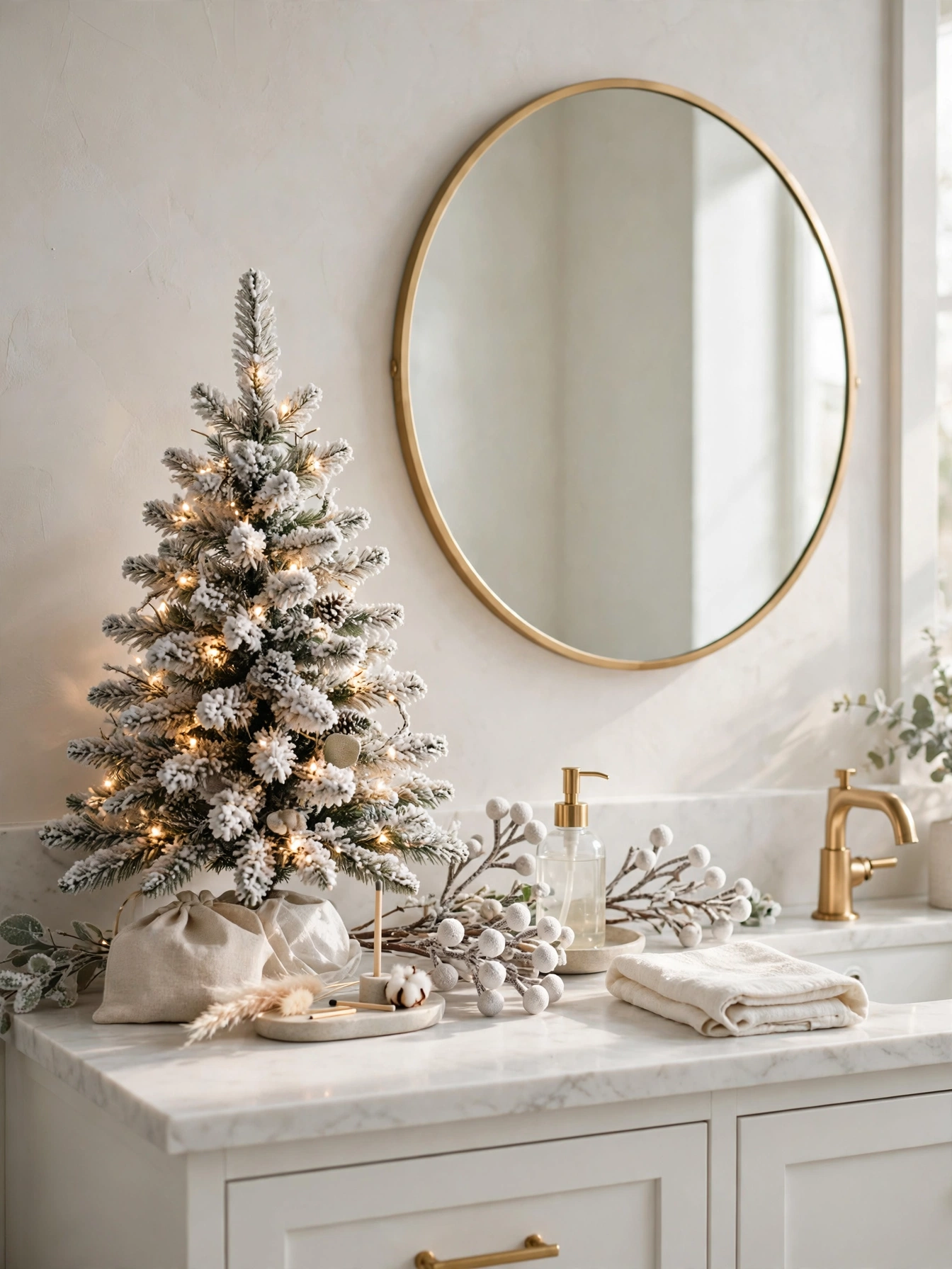 A small flocked Christmas tree on a bathroom vanity beside a round mirror, a classic pick from these christmas bathroom decor ideas 2026