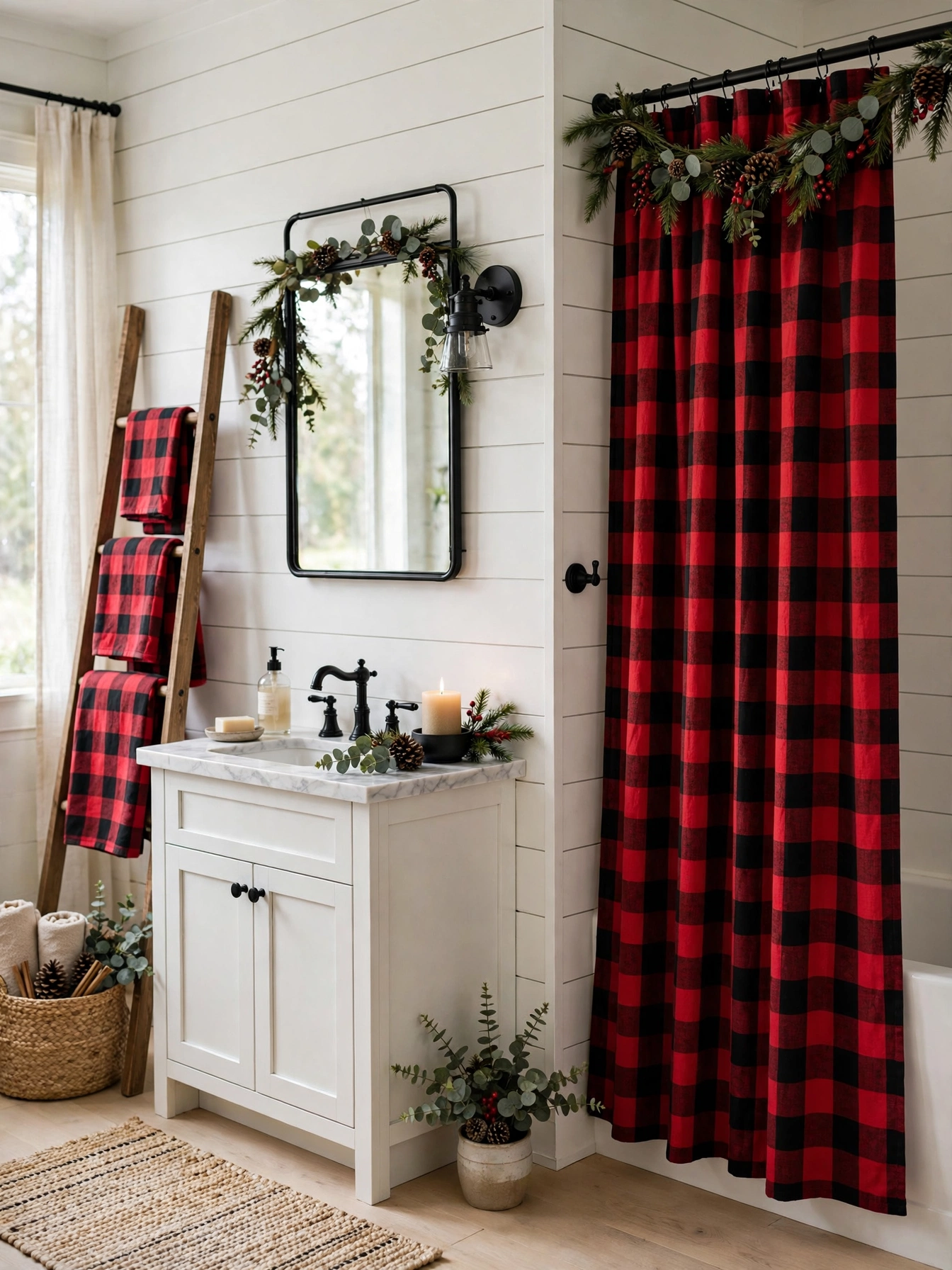 A bathroom window covered in snowflake frosted privacy film with soft daylight, a privacy upgrade from these christmas bathroom decor ideas 2026