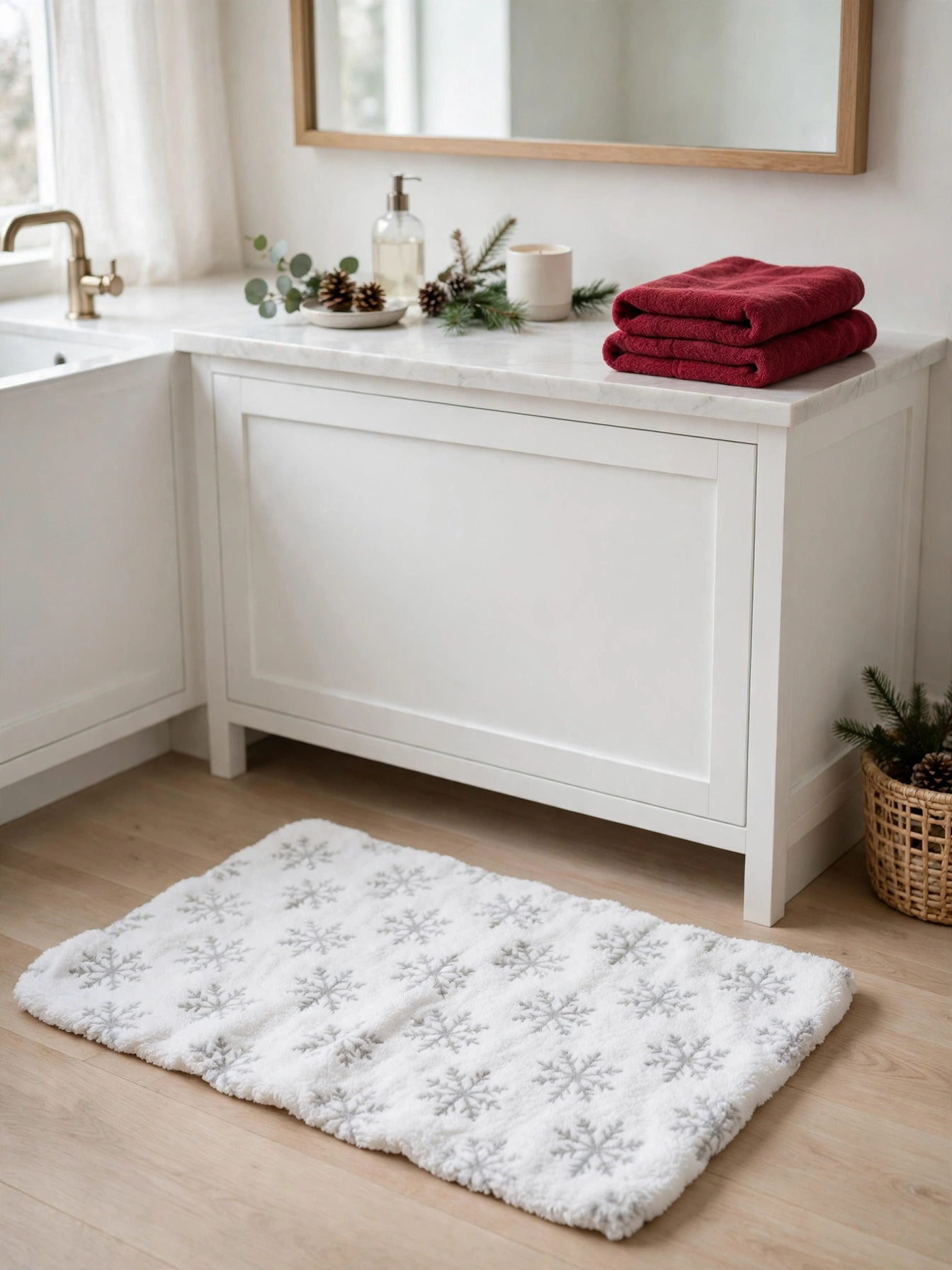 A gold bowl filled with champagne and gold shatterproof ornaments on a vanity, a luxe accent from these christmas bathroom decor ideas 2026