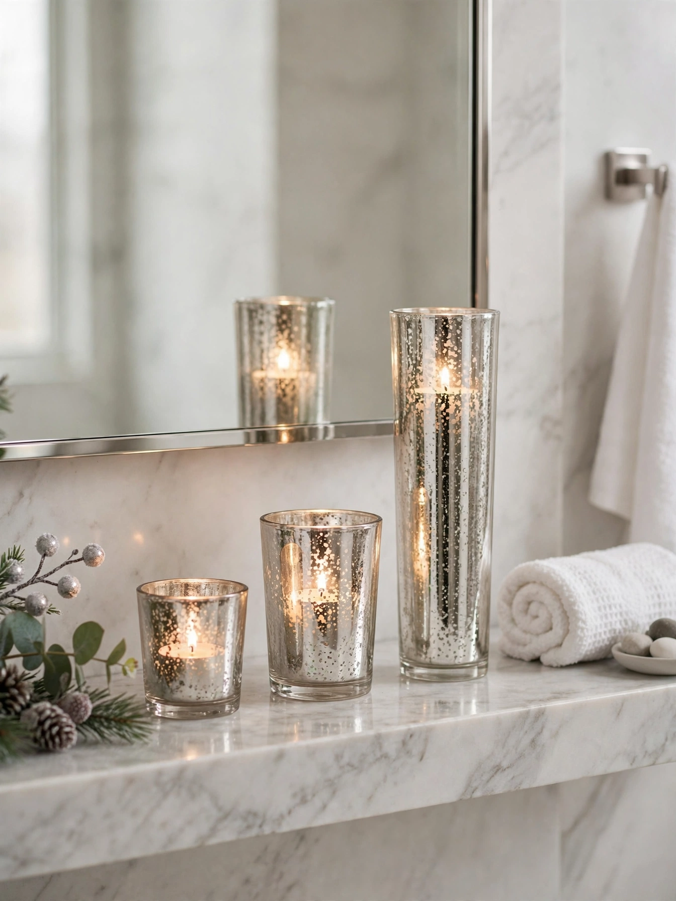 A balsam fir reed diffuser on a bathroom shelf beside folded towels, a set-and-forget scent idea from these christmas bathroom decor ideas 2026