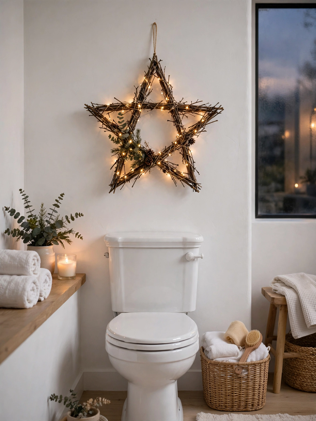A cream cable-knit caddy holding rolled washcloths on a toilet tank, a cozy texture idea from these christmas bathroom decor ideas 2026
