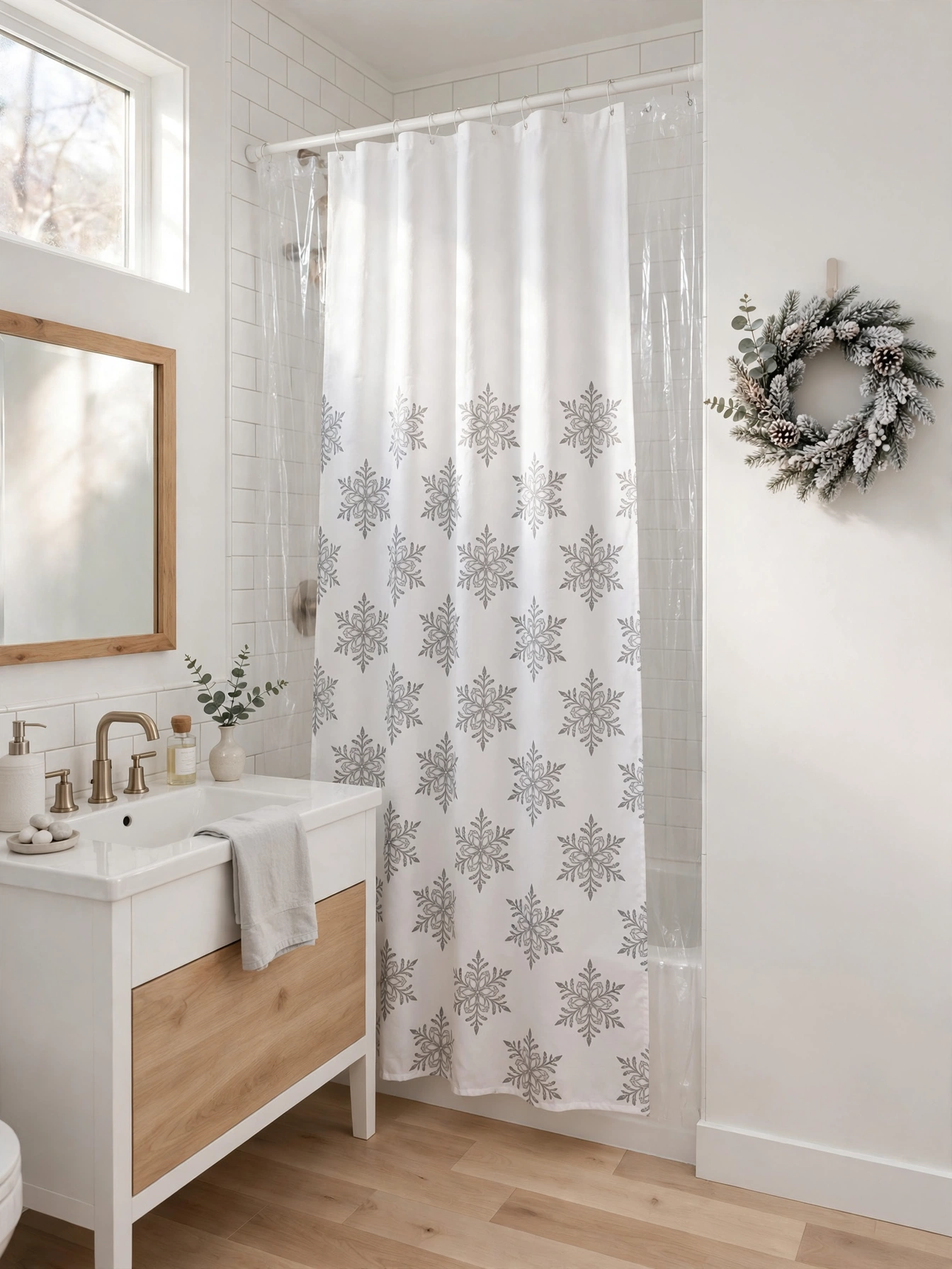 A black metal lantern with a glowing LED candle on a bathroom vanity at dusk, an evening glow idea from these christmas bathroom decor ideas 2026