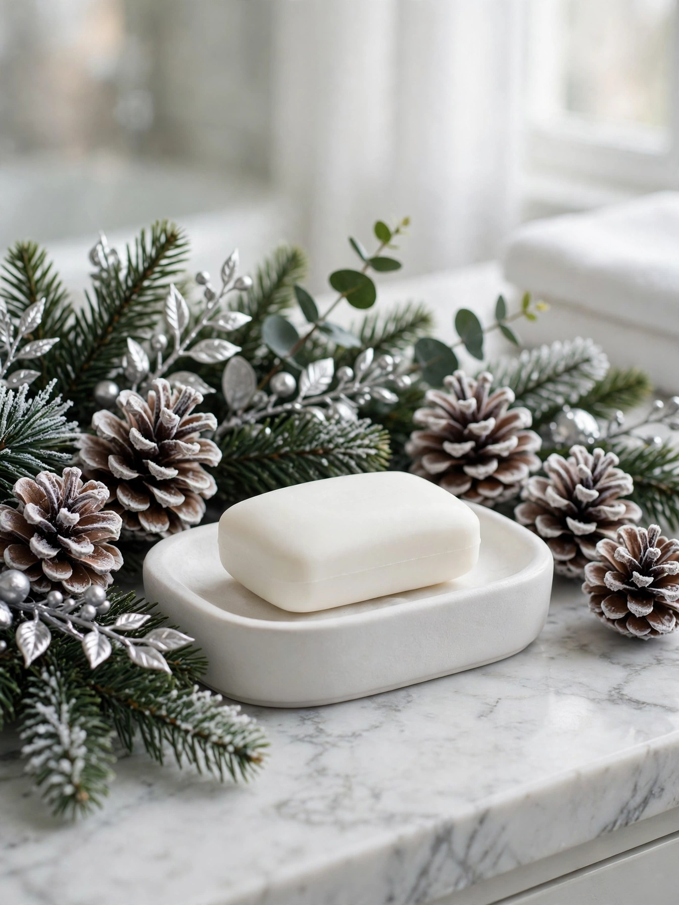 Frosted pinecones arranged around a ceramic soap dish, a simple nature touch from these christmas bathroom decor ideas 2026