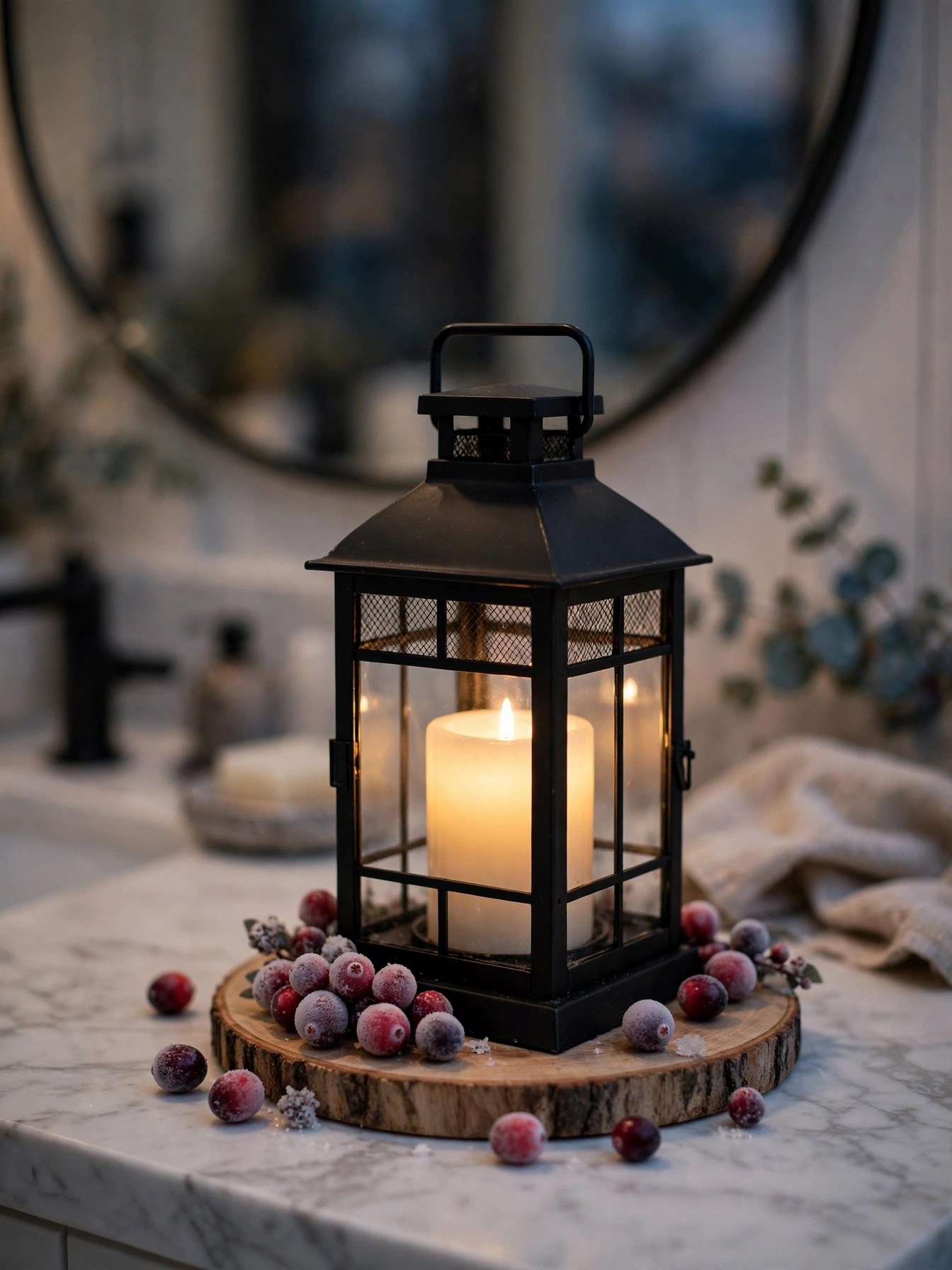 A white shower curtain with gray snowflakes brightening a small bathroom, a high-impact swap from these christmas bathroom decor ideas 2026